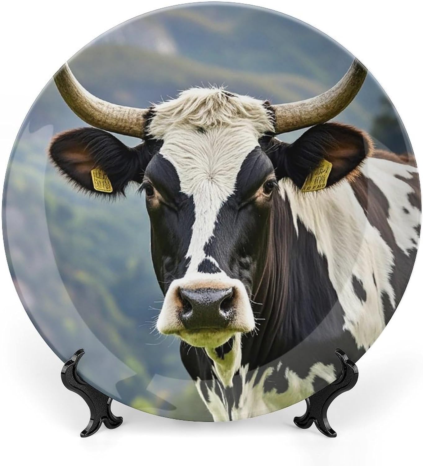 Cow Decorative Ceramic Plate Round Porcelain Plate Decor Personalized Bone China Decorative Plates Ceramic Ornaments Dessert Plates with Display Stand 10inch