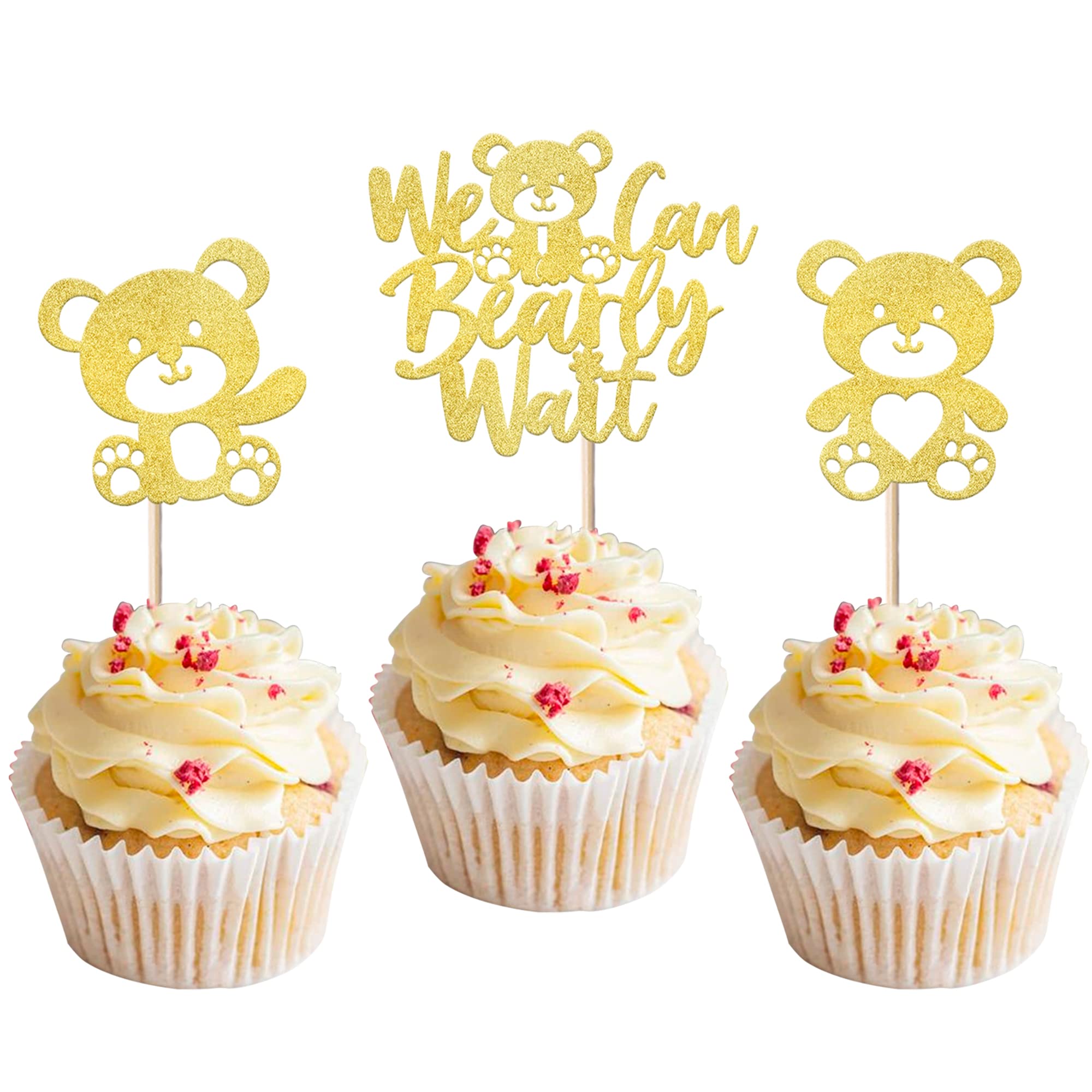 SYKYCTCY 24 Pack We Can Bearly Wait Cupcake Toppers Glitter Bear Cupcake Picks for Gender Reveal Baby Bear Theme Baby Shower Kids Birthday Party Cake Decorations Supplies Gold