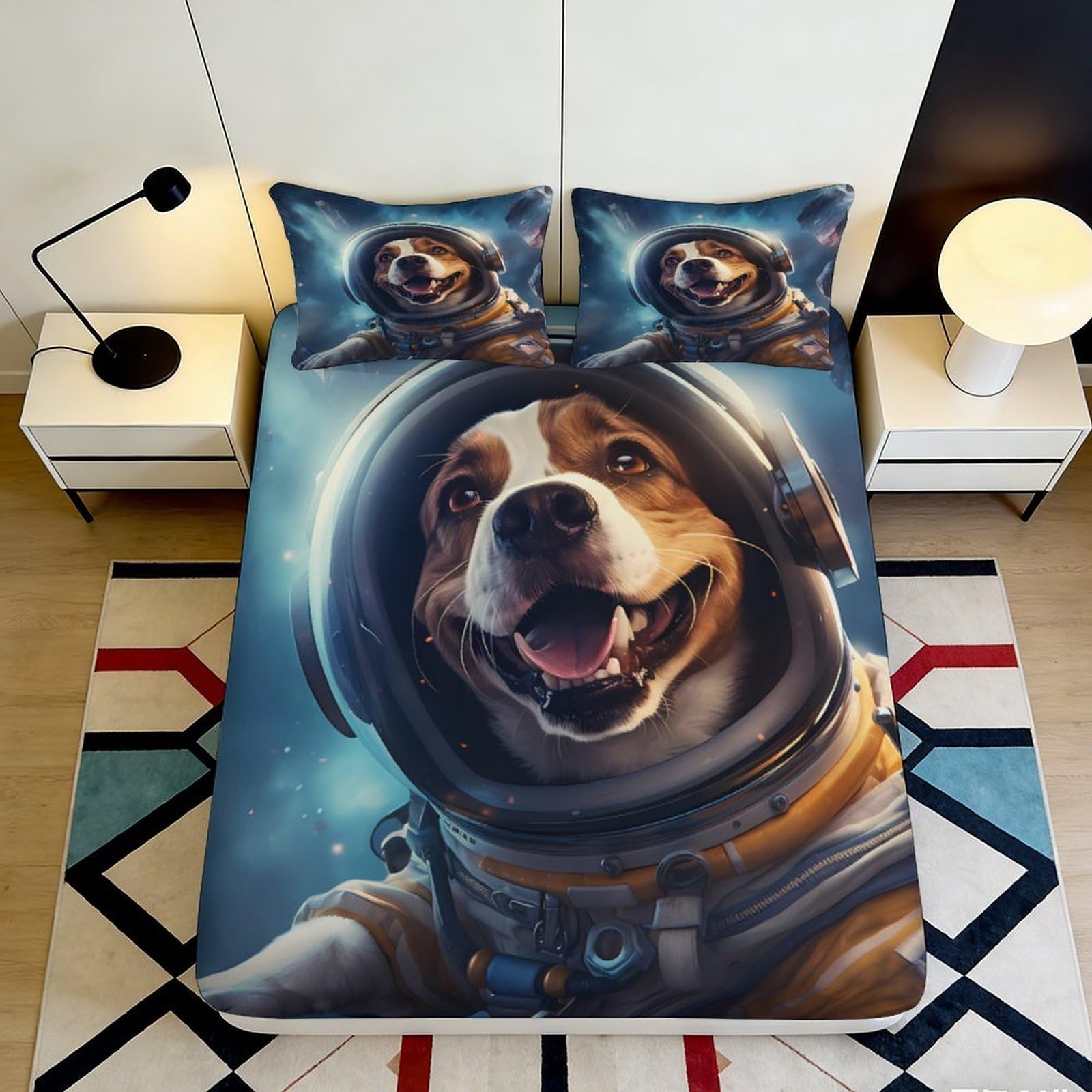 3D Printed Space Dog Fitted Sheet Microfiber Deep Pocket Non-Slip for Bedroom Space Dog Mattress Fitted Cover Washable 90x200x25cm