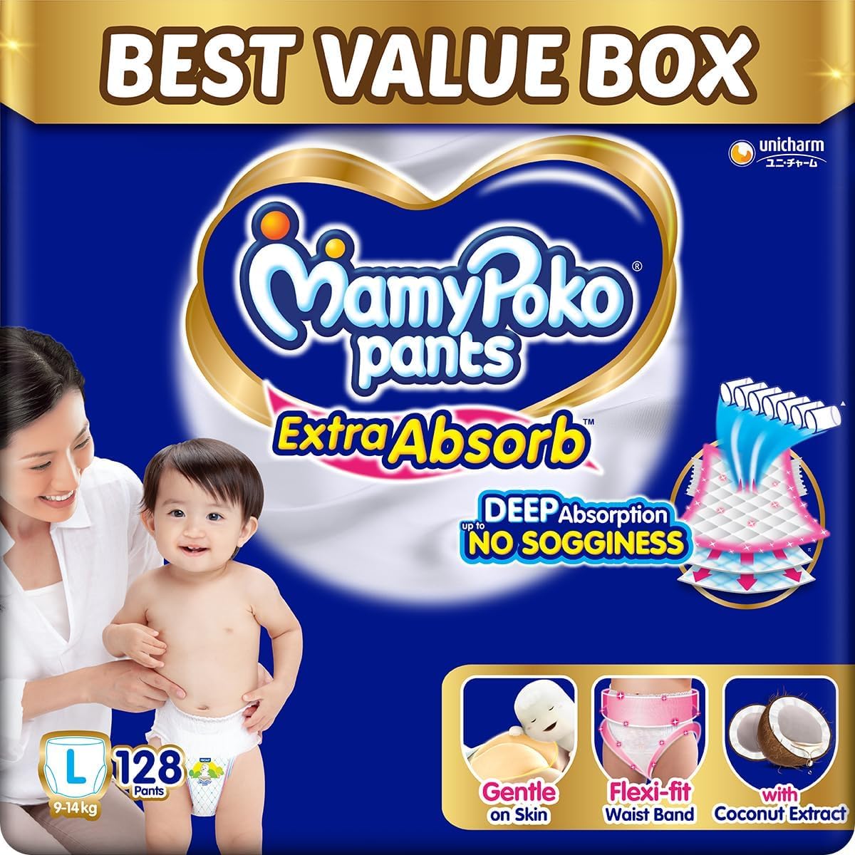 - MamyPoko Pants Extra Absorb Baby Diapers, Large (L size) | 9-14 kg | 128 Count |Deep Sleep Diapers| Soft gentle fit |Deep Absorbent Crisscross | skin friendly with coconut oil | (64 count, Pack of 2)