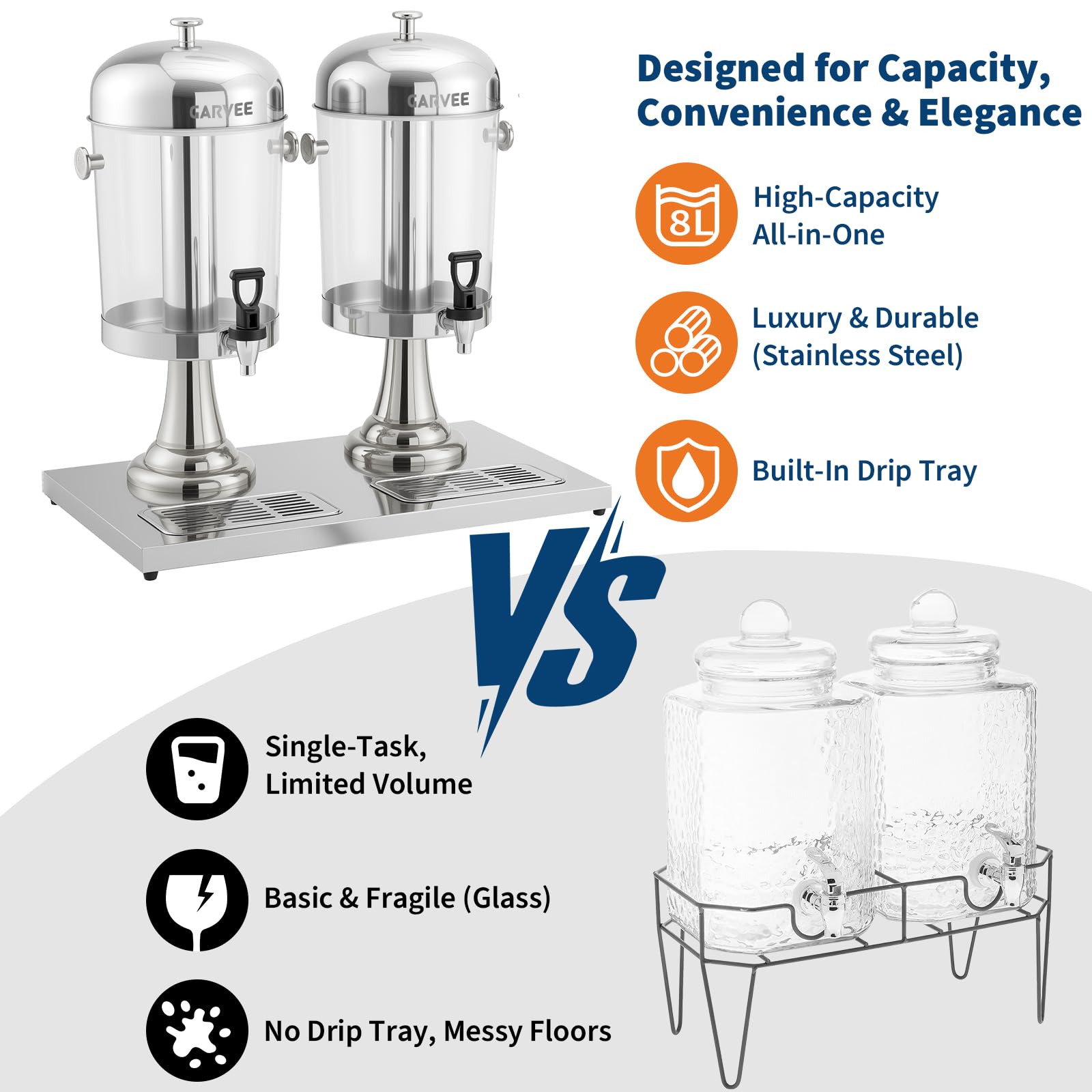 Dispensador de bebidas con núcleo de refrigeración de acero inoxidable, 2 x 8 l, con recipiente transparente de PC y bandeja de goteo, ideal para fiestas, buffet y catering, bebidas calientes y frías