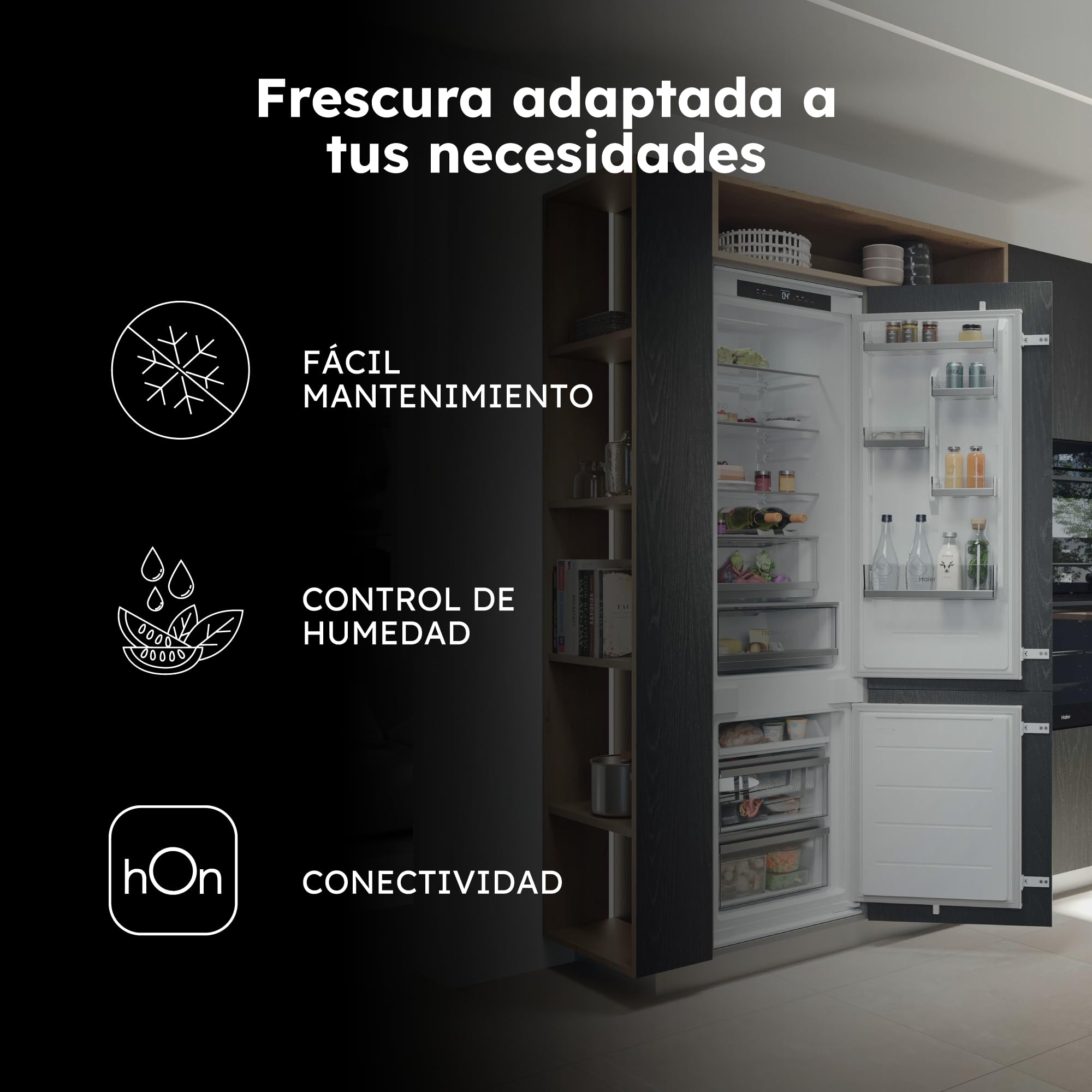 Haier HBQW5519E, Frigorífico Combi Integrable, Total No Frost, Conectividad hOn, Display Digital, 2 Cajones, Función SuperCooling y Función SuperFreezing, Capacidad Total 284L