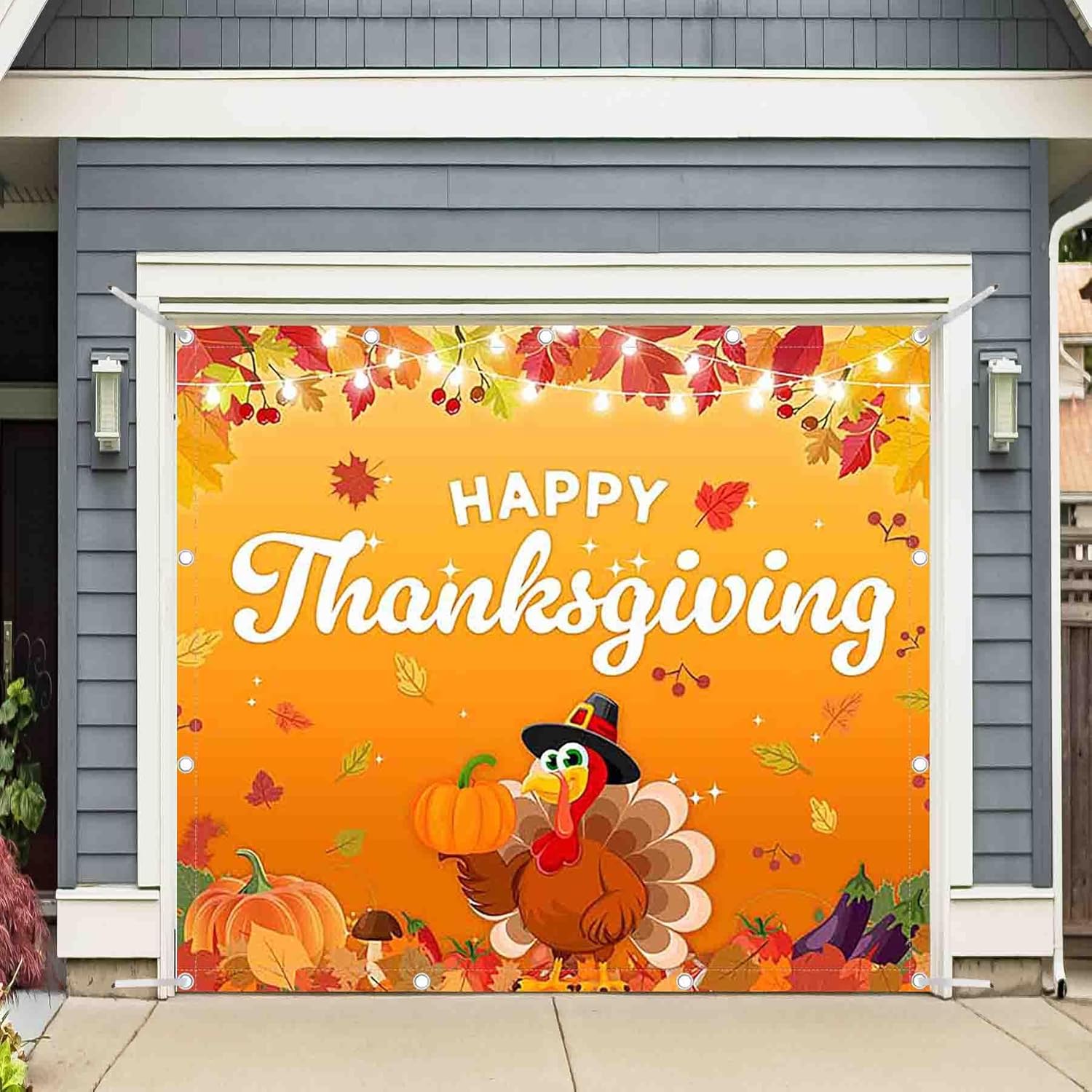 1PC 16x7ft Happy Thanksgiving Door Banner Decorations Maple Leaf Pumpkin Turkey Farm Harvest Photography Backdrop Home Outdoor Wall Cover Holiday Party Supplies