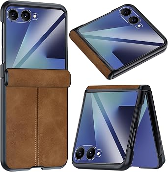 NINKI Leather Case for Samsung Galaxy Flip 7 with Built-in Screen Protector, Hinge Protection Leather Shockproof Matte Luxury Cover for Samsung Galaxy Z Flip 7 Brown