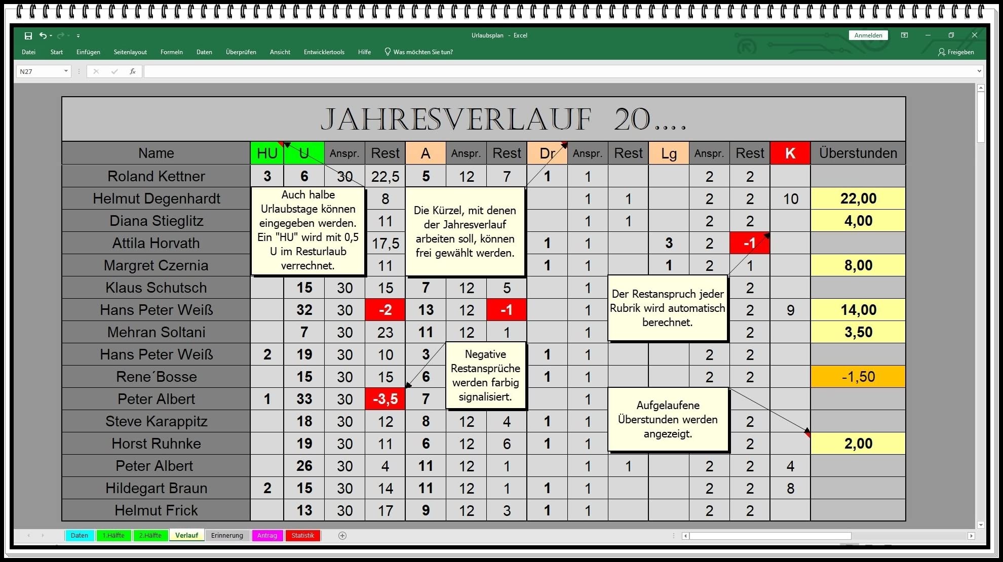 Excel Urlaubsplaner 2026 2027 u.s.w. digitaler Urlaubskalender Personalplaner Dienstplaner Urlaubsplan mit Statistik Jahresübersicht Urlaubsantrag | Urlaub, Krankheit und Überstunden übersichtlich planen und automatisch auswerten.