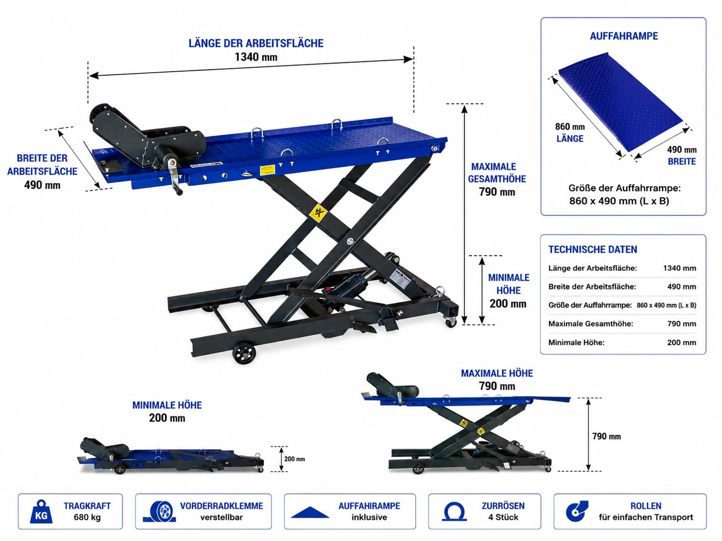 DeTec. Plataforma elevadora para moto, máx. 360 kg, mando a pie, elevador de tijera, plataforma de montaje máx. 780 mm altura de elevación