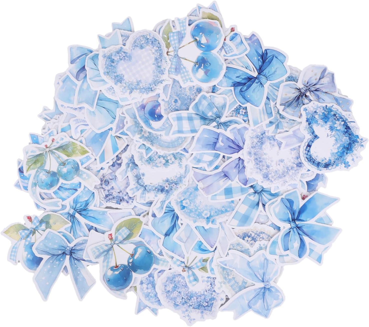 100pcs Blue Bow Stickers, PVC Waterproof Coquette Stickers, Various Cute Designs Bow Knot Aesthetic Decals for Water Bottle, Laptop, Phone, Diary, Scrapbooking Country, Art Gifts