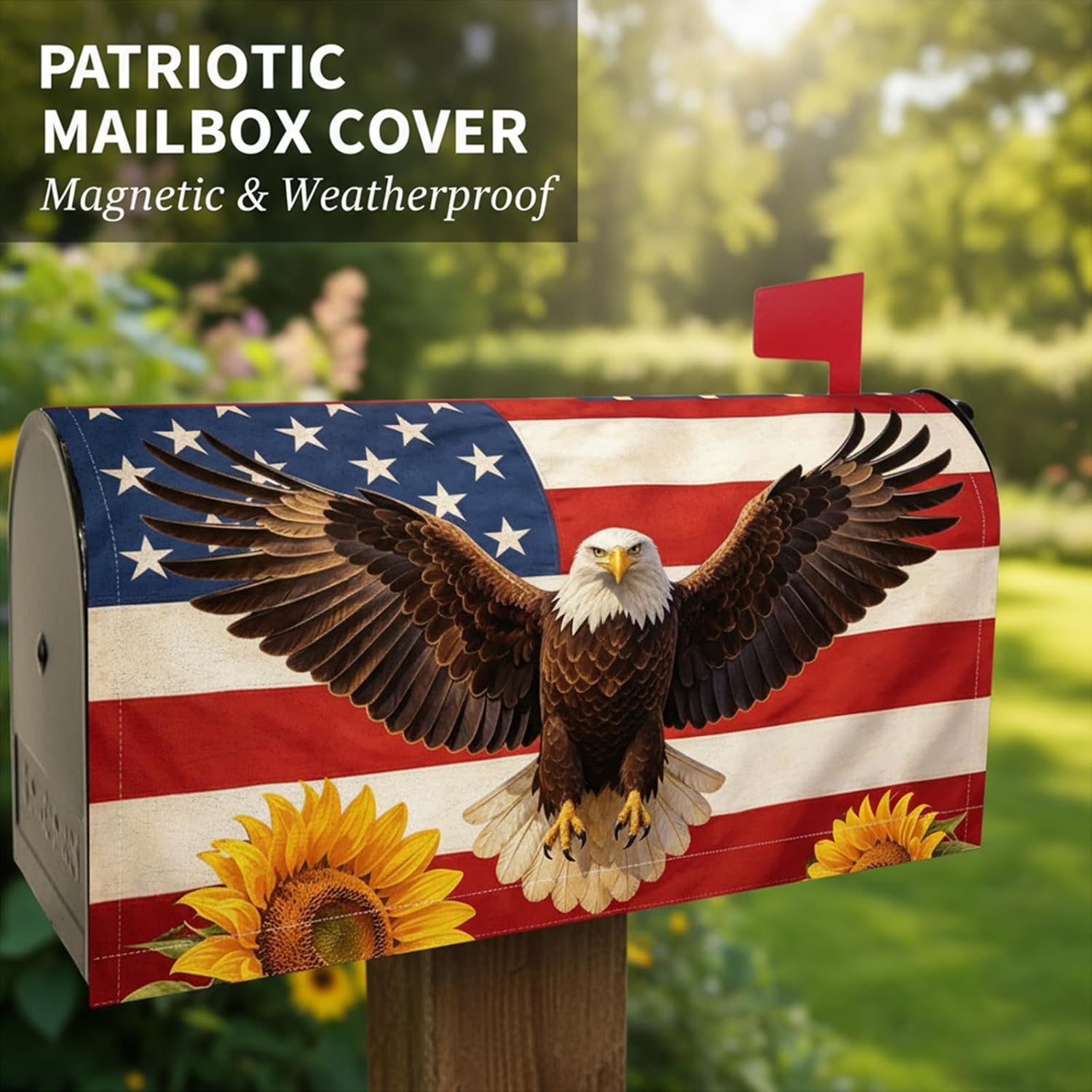 Patriotic Magnetic Mailbox Cover American Flag Eagle for Standard Size Mailbox Patriotic Design for 4th of July Waterproof Oxford Fabric Tool-Free Install Ideal for Garden, Patio image 3