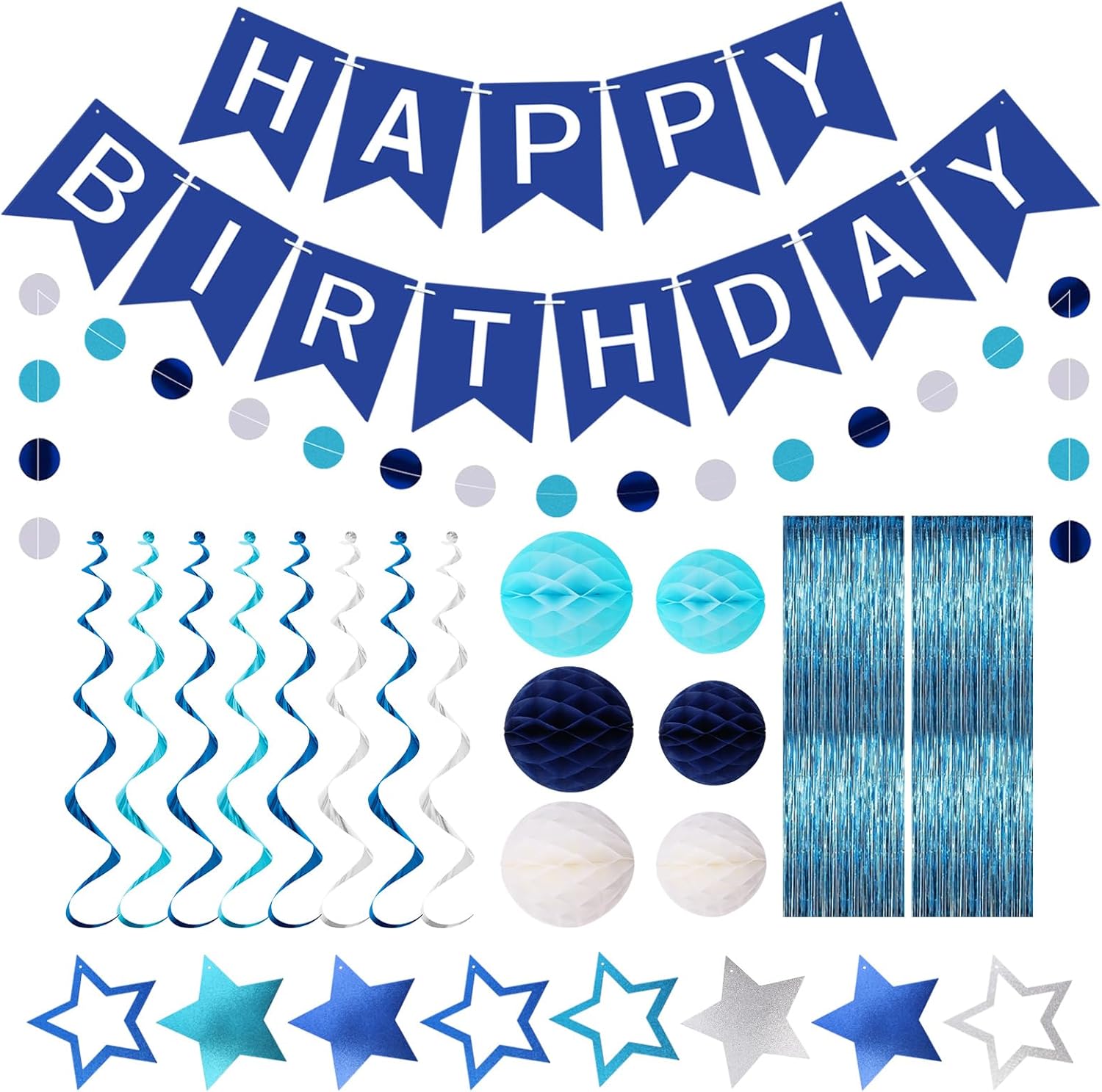 Blue Happy Birthday Banner - Navy Blue Happy Birthday Banner with Streamers Party Decorations, Honeycomb Ball, Star Hanging Swirl Streamer, Circle Dot Garland Decroations for Men Boys Women…