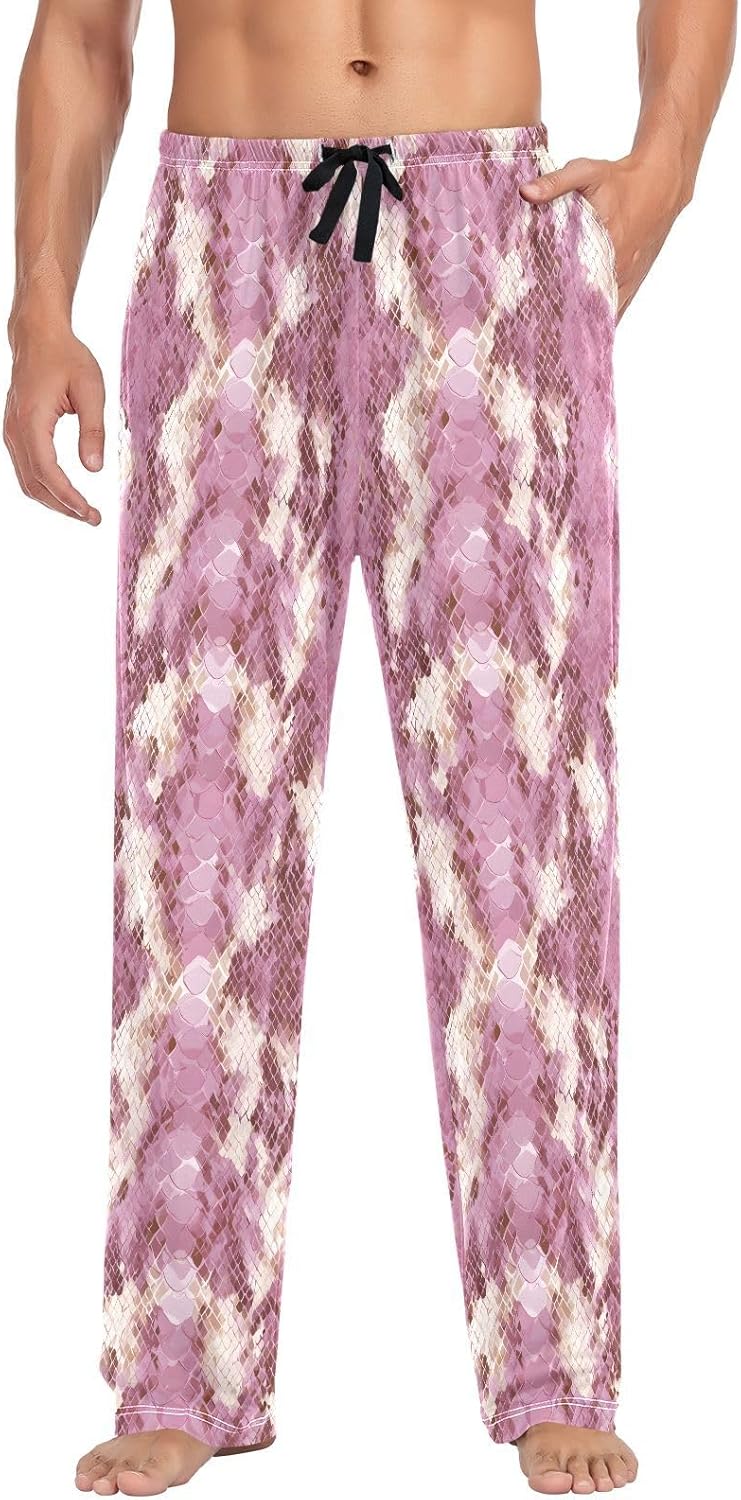 ALAZA White Pink Snake Print Men's Pajama Pants Men Cotton Pajama Bottoms with Pockets, S