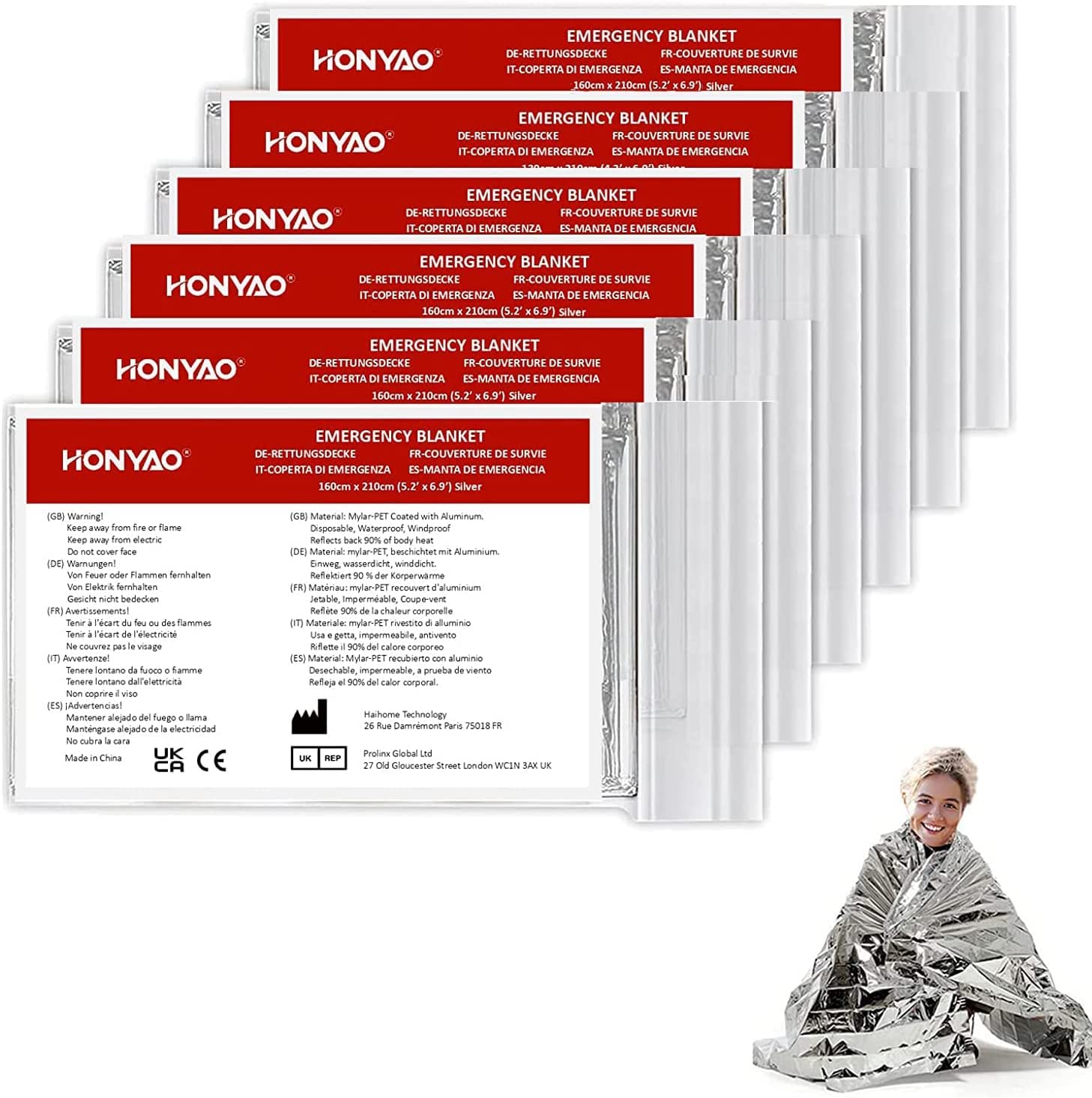 HONYAO® Coperta Termica 6 Pezzi, 210×160cm, Coperta Termica Emergenza Argento, Coperta Termica Sopravvivenza, per Salvataggio Protegge da Freddo, Pioggia, Calore e Vento, All'aperto