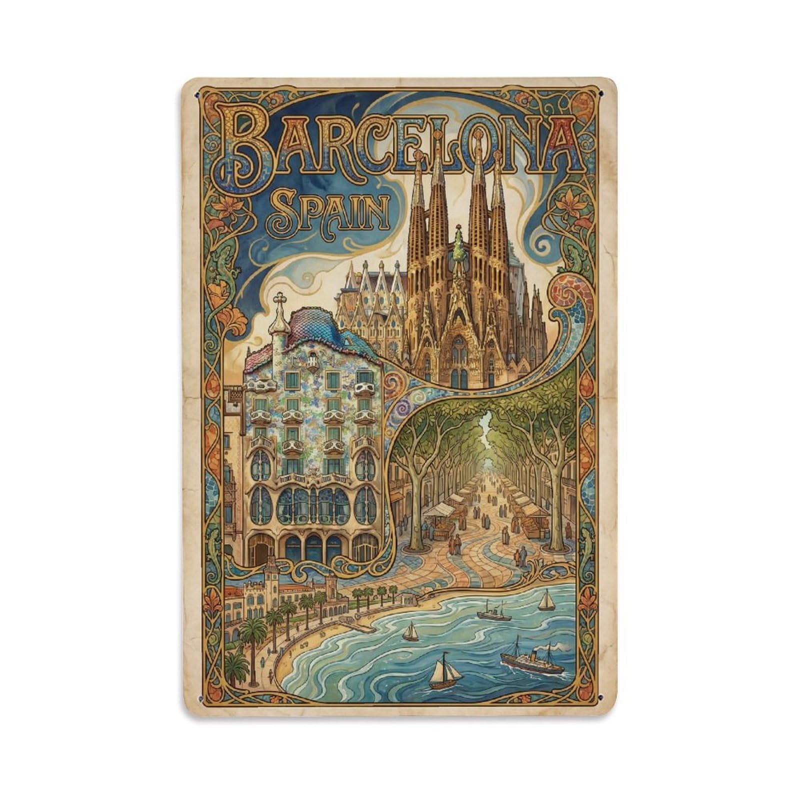 Travel Retro Spain Barcelona Metal Tin Sign Plaque Wall Decor for Cafe, Club Bar, Office, Garden Metal Poster 8x12Inch