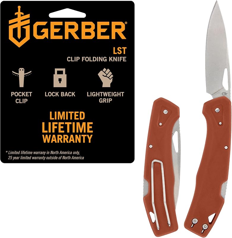 Gerber Gear LST - Navaja de bolsillo EDC - Herramienta táctica de supervivencia para viajes, camping y aventuras al aire libre - Cuchillo plegable ligero y compacto - Hoja de acero inoxidable - Naranja