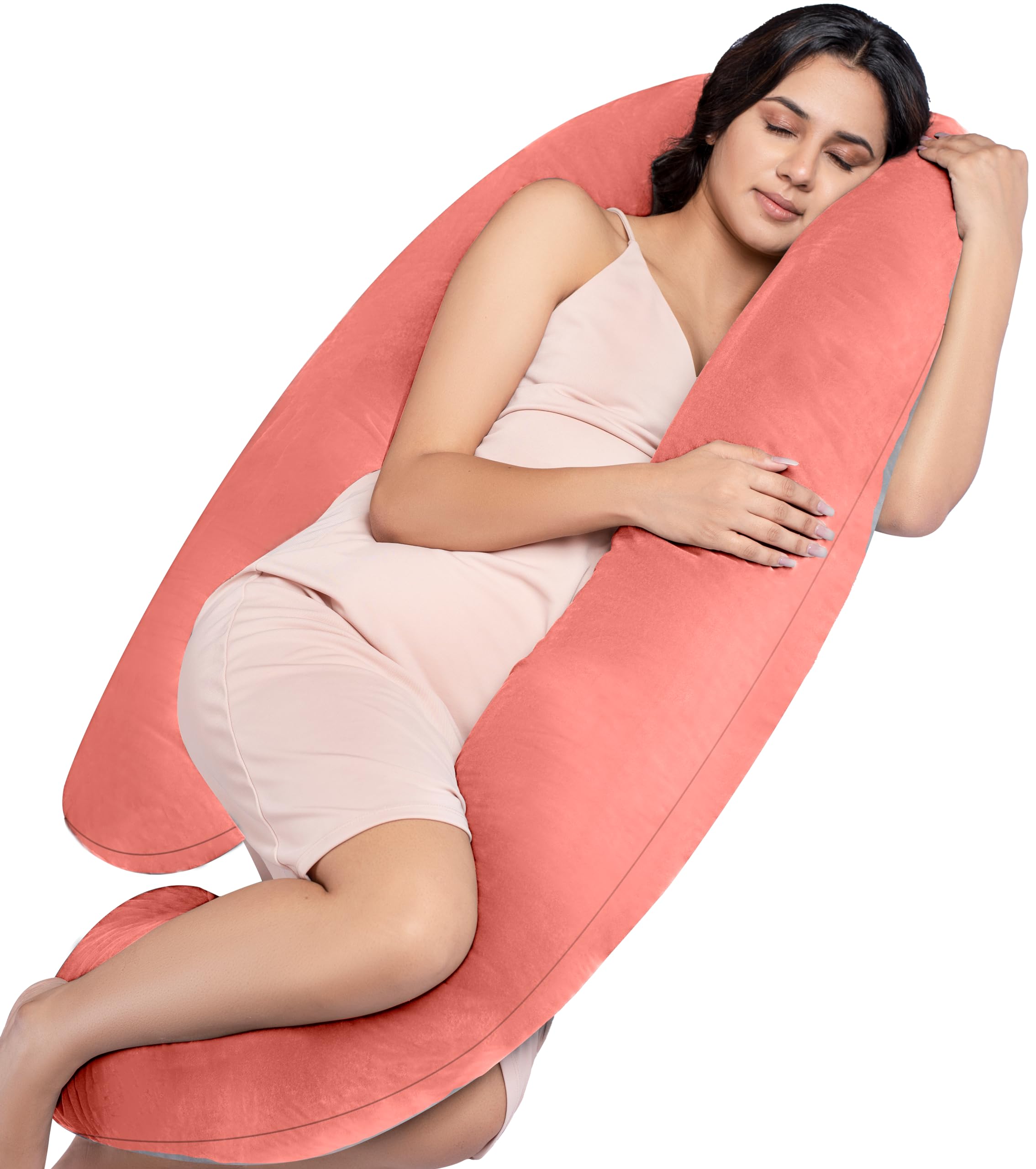 MY ARMOR Full Body G Shape Pregnancy Pillow for Women, Maternity Pillow Gift for Pregnancy Sleeping, 3 Months Warranty, Premium Velvet Cover with Zip, Peach