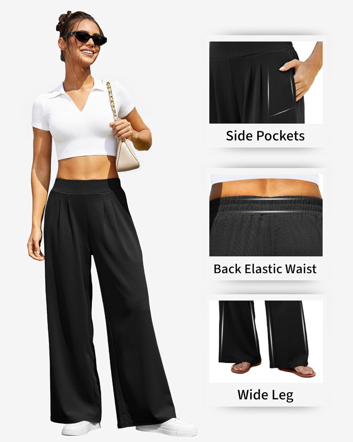 FireSwan Women's Wide Leg Pants Elastic High Waist Casual Palazzo Pants Trousers with Pockets - Image 5