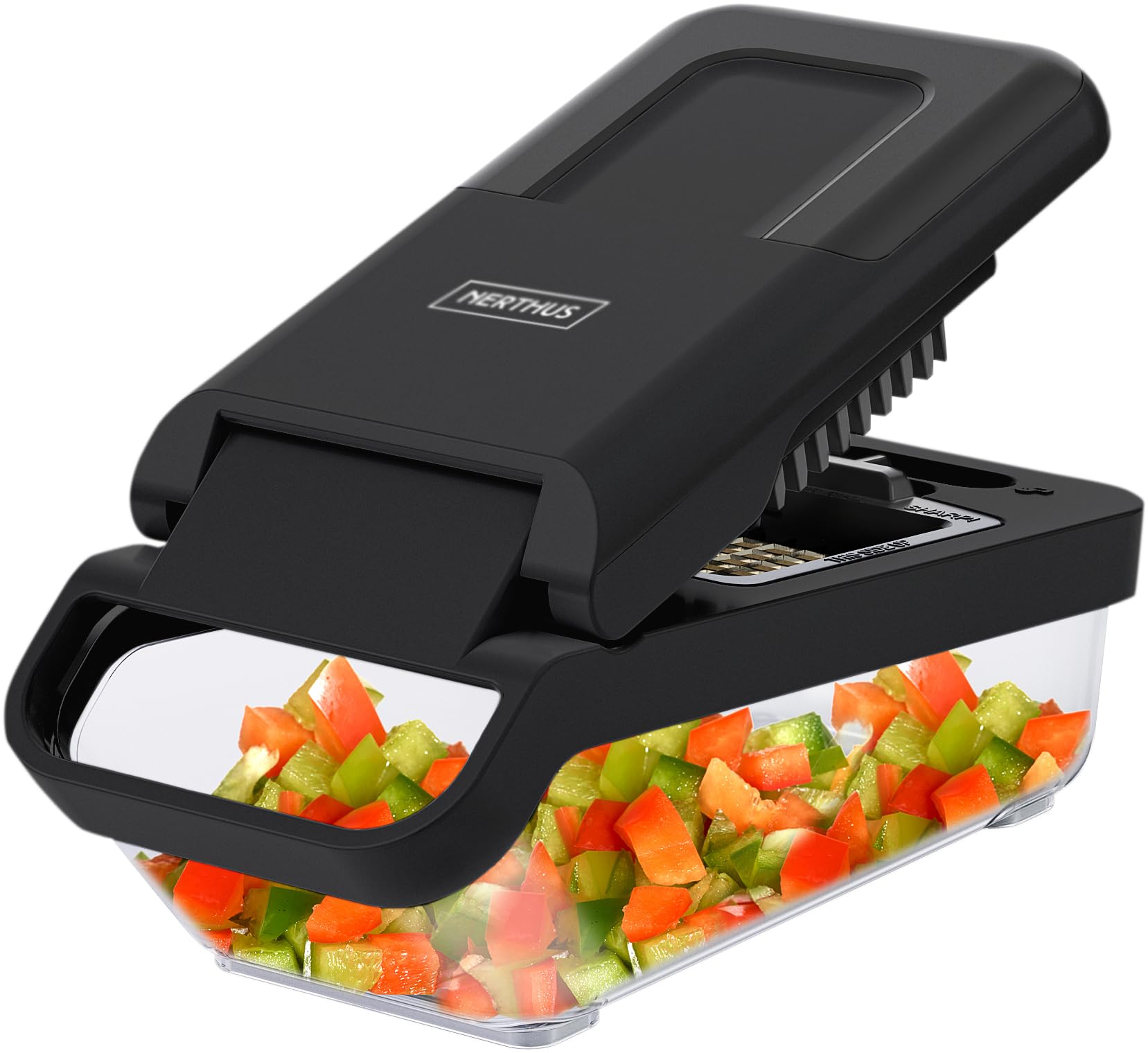 NERTHUS FIH 1483 BPA Free Horizontal Manual Chopper with 2 Interchangeable Blades, Non-Slip Base, Built-in Container and Cleaning Tool
