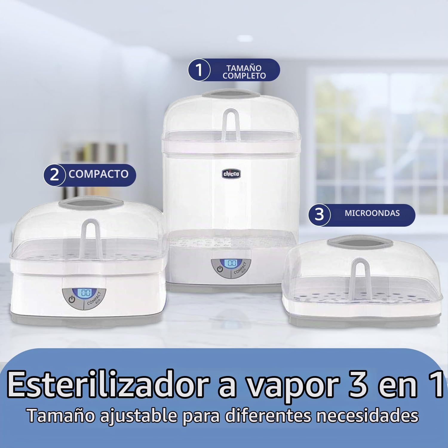 Chicco SterilNatural Esterilizador de Biberones 3 en 1, Esterilizador Natural de Vapor para Microondas con 3 Configuraciones, Rápido y Fácil de Usar, Hasta 6 Biberones de 330 ml o Chupetes, Blanco