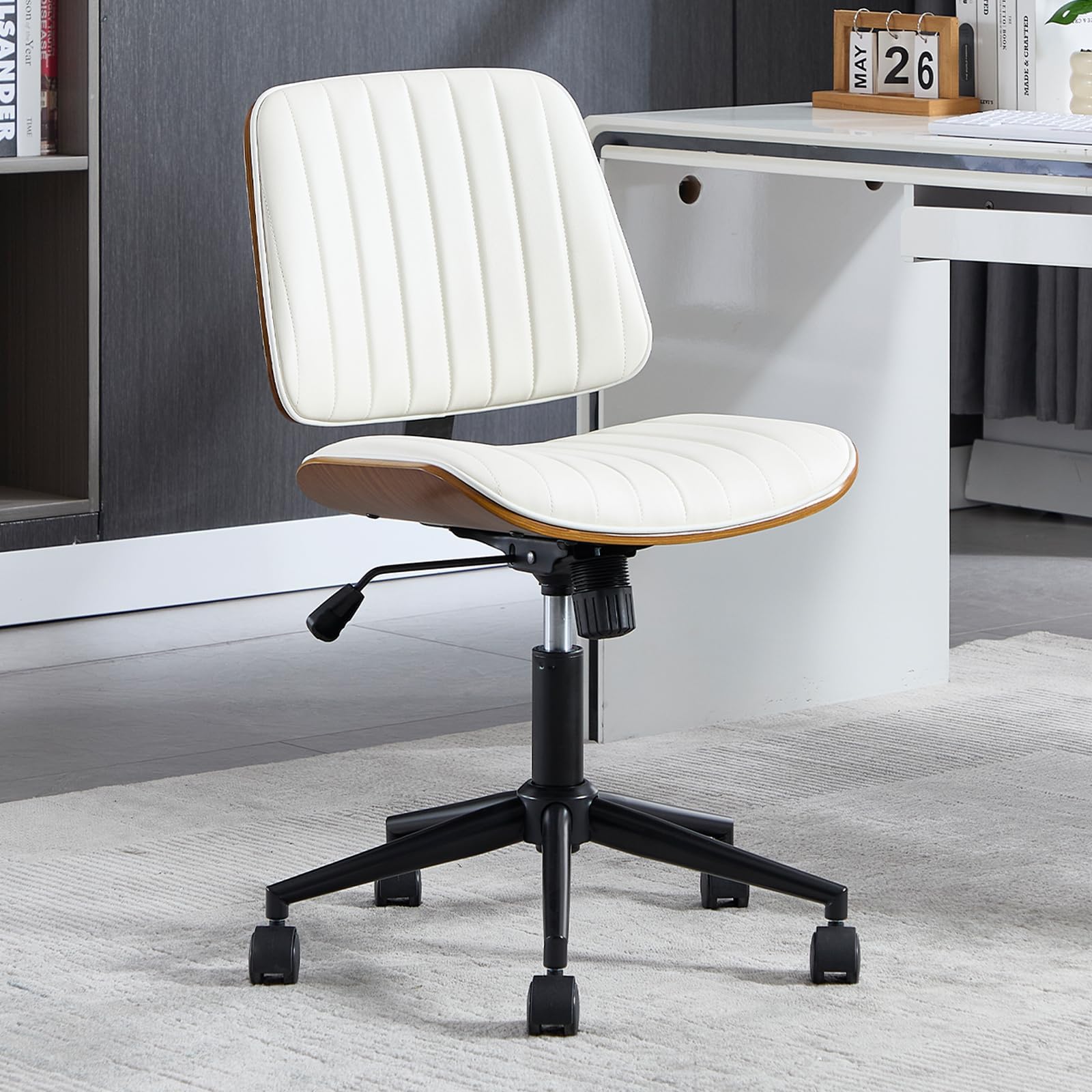 VipDesk Small Home Office Chair - Armless Mid Back Desk Chair with 360° Swivel and Wheels, PU Upholstered Height Adjustable Modern Walnut Computer