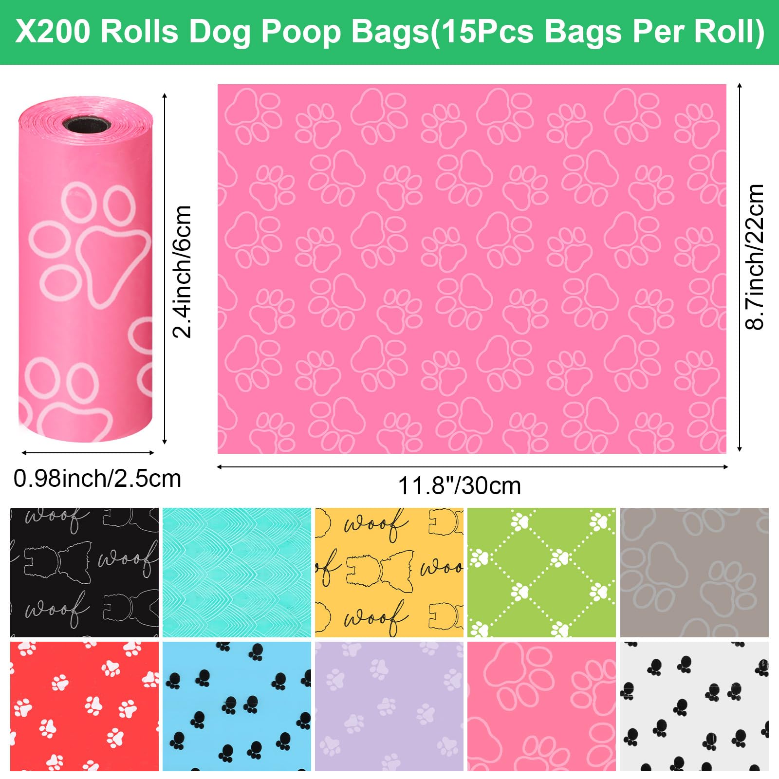 Thenshop Hundekotbeutel aus Kunststoff, Einwegbeutel für Hundekotbeutel, für Hunde, Haustiere, Kot, Outdoor, Spaziergänge, Reisen, gemischte Farben, 3000 Stück, 200 Stück