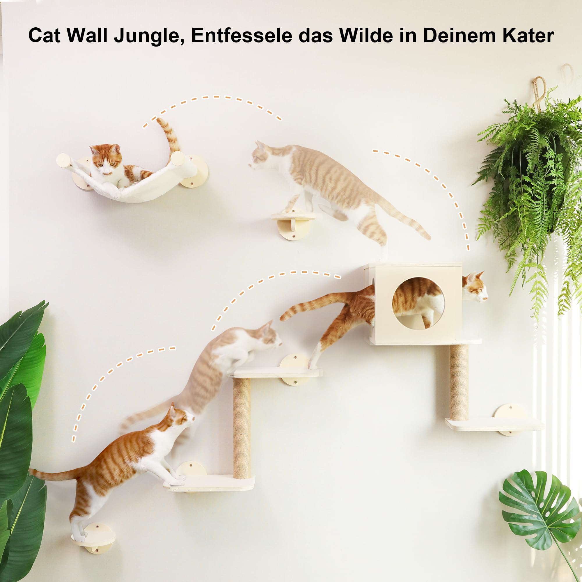 FUKUMARU Kletterwand für Katzen, 5-teiliges Wandregal-Set aus Birken-Multi-Schichtplatte, stabiles Katzenwandmöbel mit Hängematte, Katzenhaus, Katzentreppe und Kratzbaum, beige