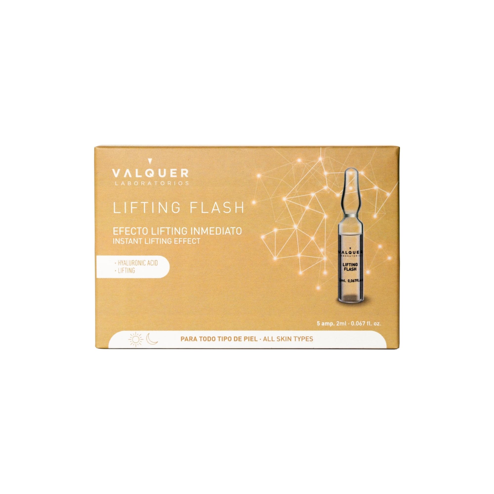 Valquer Lifting Flash Serum Facial en Ampollas. Antiarrugas Efecto Lifting Inmediato, Acción Rejuvenecedora y Reafirmante con Ácido Hialurónico para Todo Tipo de Piel. Pack de 5 unidades de 2 ml.