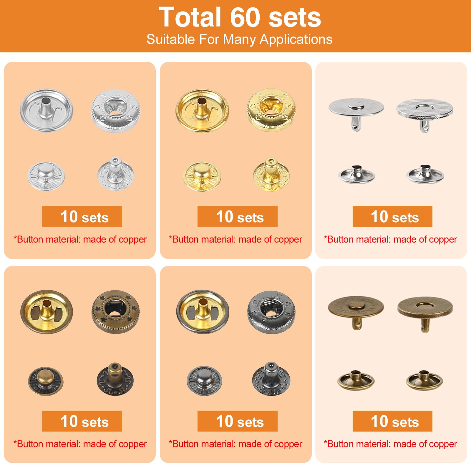Kit de herramientas de cierre a presión, broches de metal de 15 mm para cuero y botones magnéticos de 18 mm, juego de 80 botones de cuero de 4 colores para tela, cartera, lona