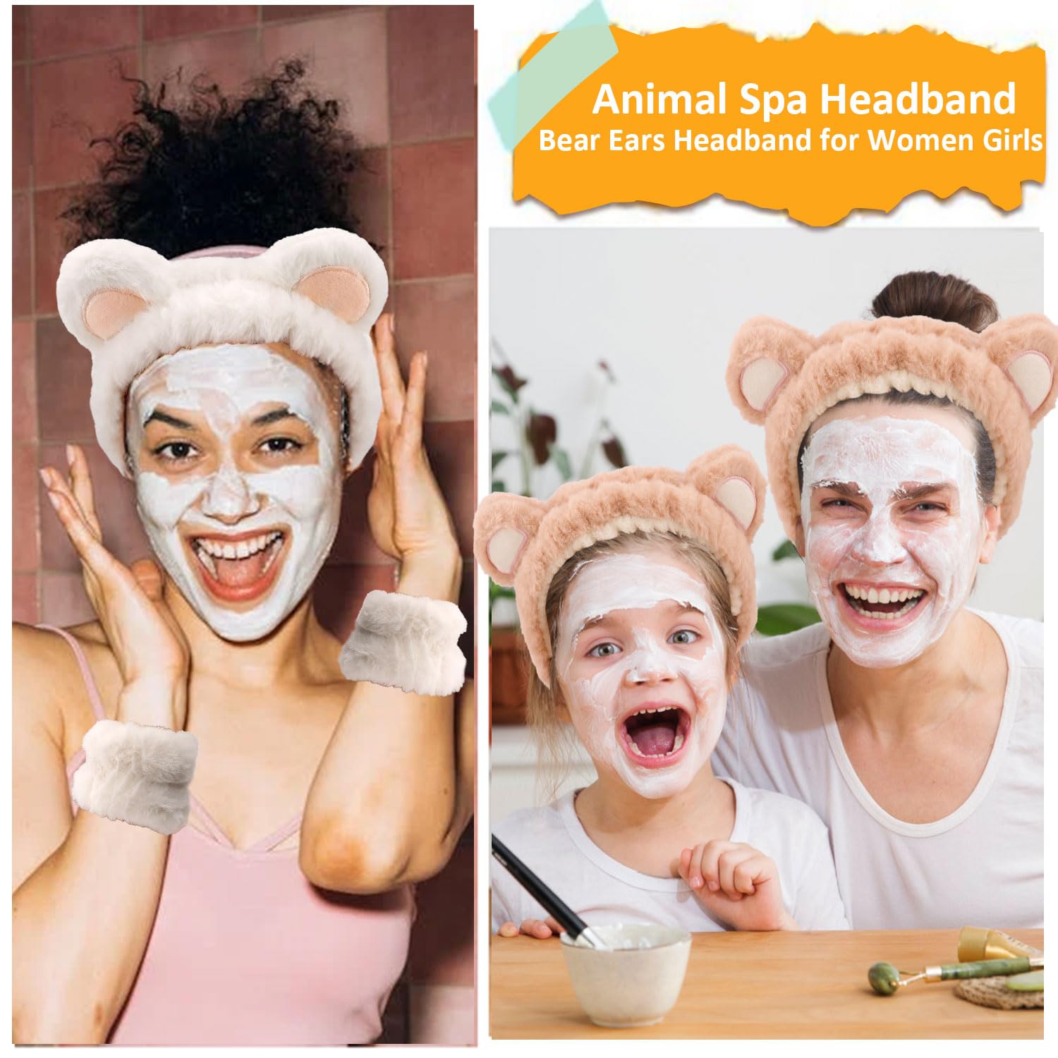 Atoden Bear Ears Spa Wristband Set - Cute Animal Skincare Headband for Washing Face - Fluffy Elastic Face Wash Hair Band for Women & Girls - Trendy Stuff (White Khaki) image 2