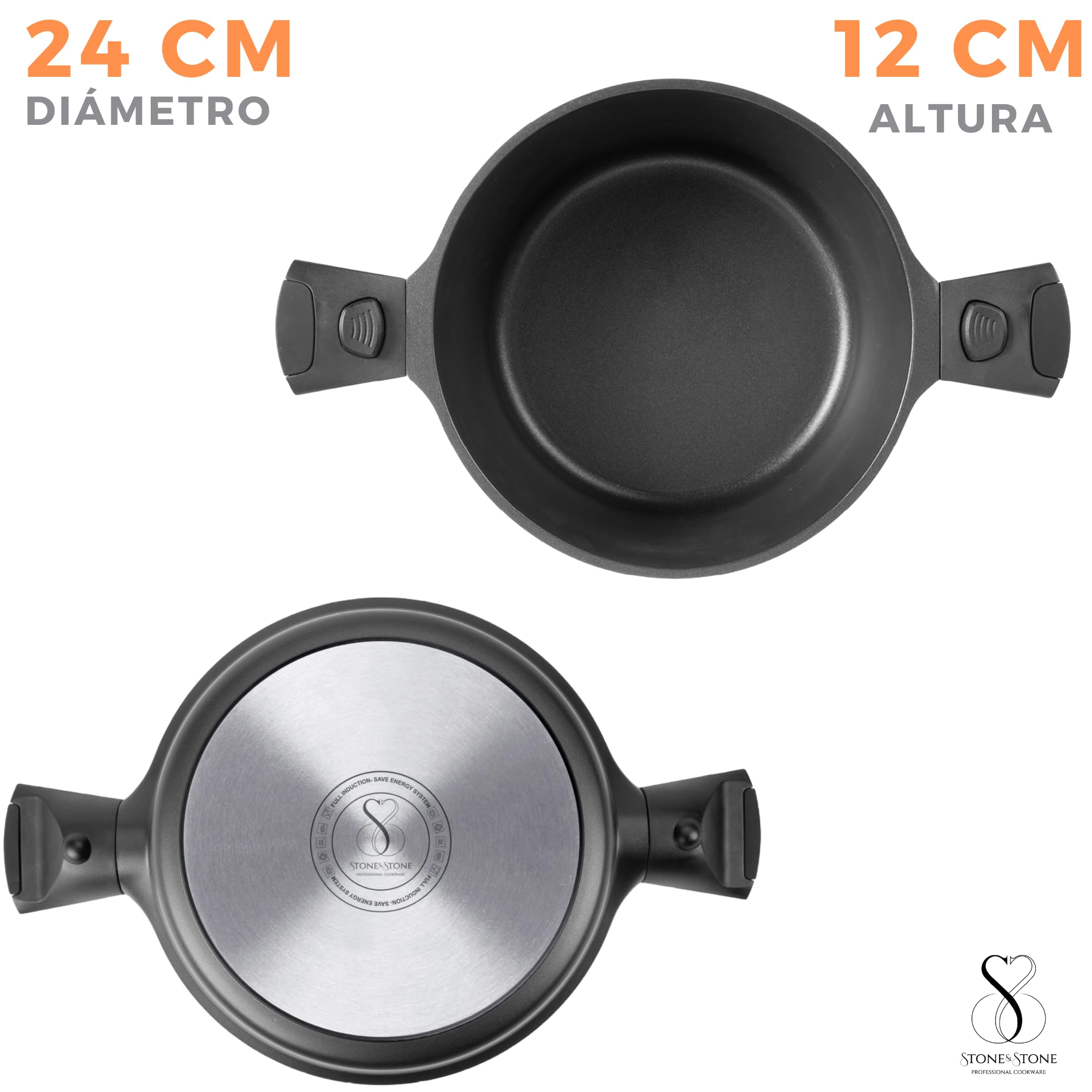 Cazo Cacerola mango ergonómico extraíble Apto Inducción acero & aluminio antiadherente Alemán Greblon C3+ inducción y horno Libre de PFOA + tapa de cristal (24CM)
