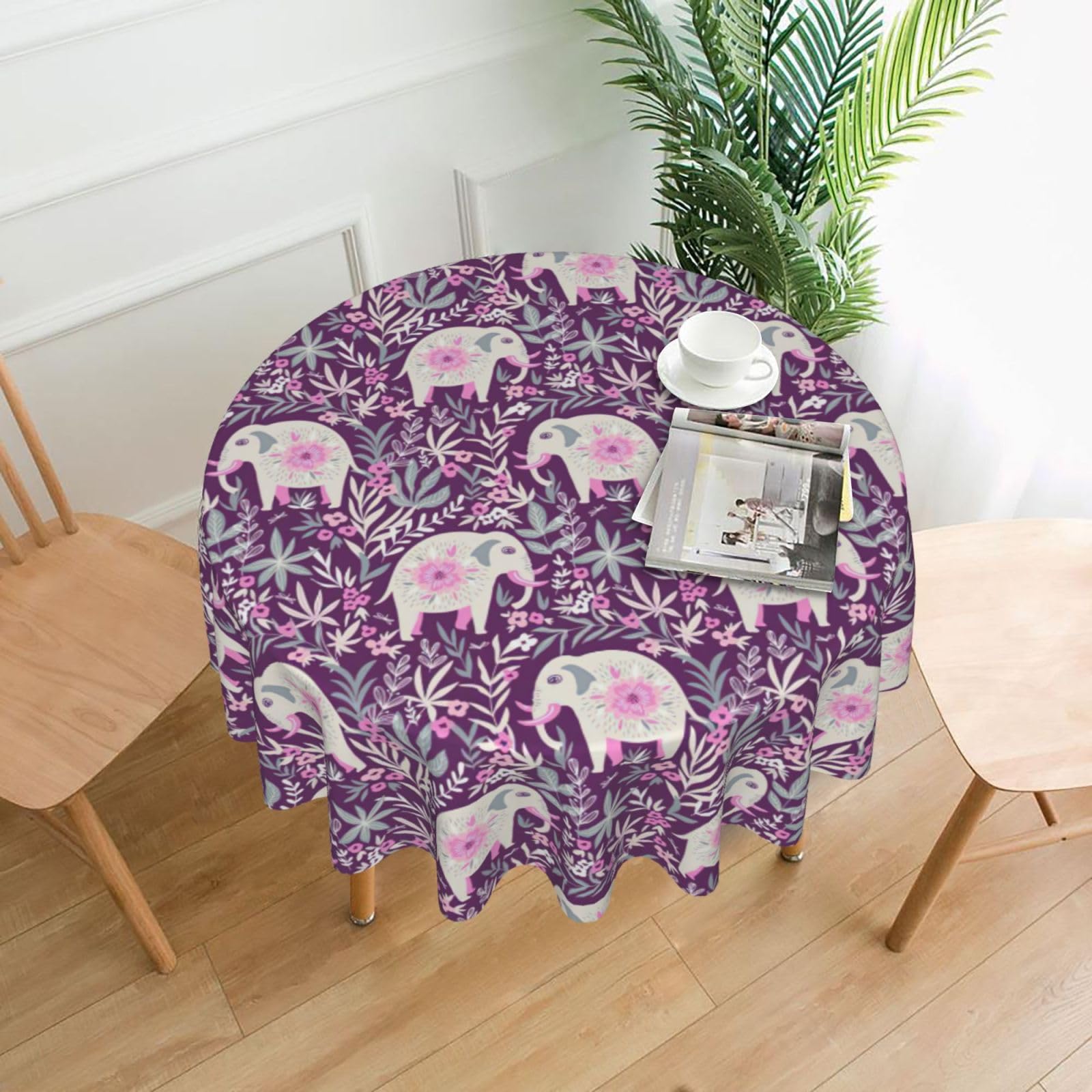 SDEGTHO flower-elephant Print Modern Retro Round Tablecloth 60in Polyester Fabric Cover for Party Dining Table Washable