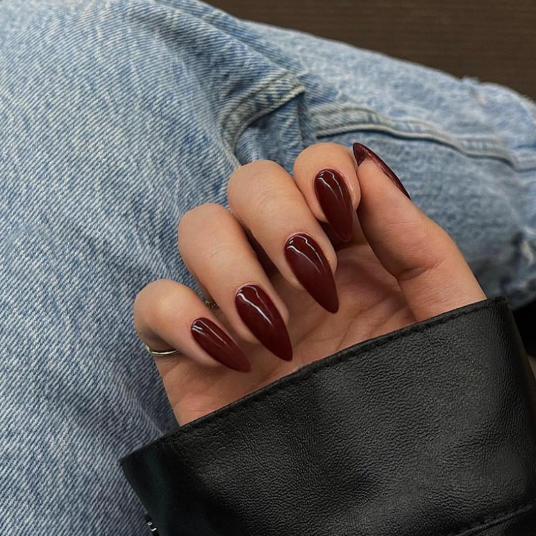 More Burgundy Press on Nails Medium Almond Fake Nails Press on Acrylic Nails ...