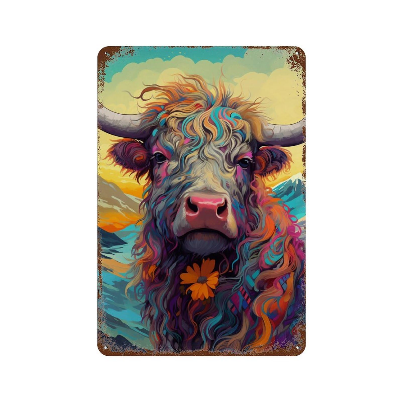 Rust Effect Colorful Yak Portrait Vintage Metal Tin Sign 11.8"x7.9", Vintage Wall Decor for Office, Studio And Wall Decor