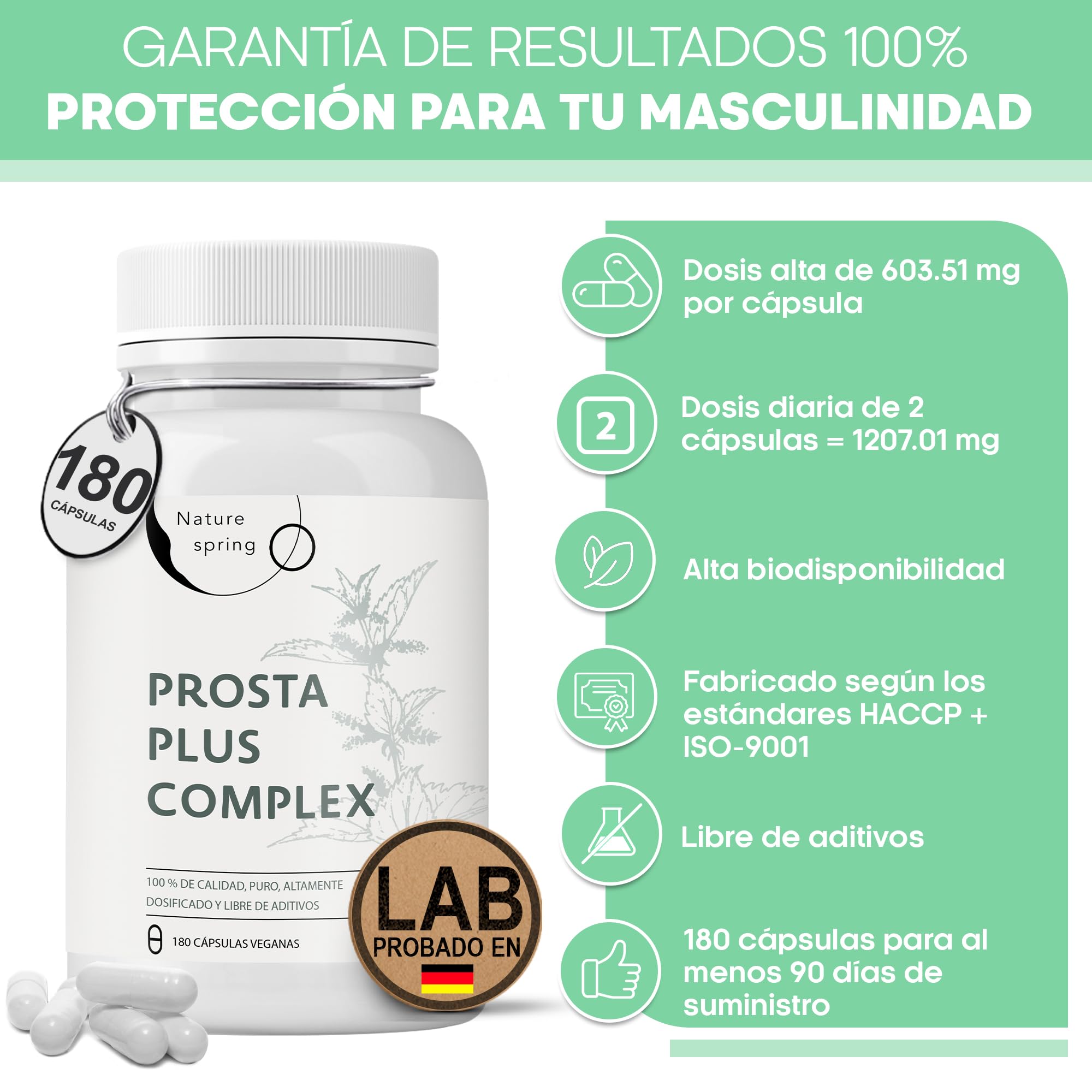 Prosta Plus Complex - 180 cápsulas de próstata en dosis altas, fórmula única de semillas de calabaza, palma enana americana, extracto de raíz de ortiga con zinc, vitamina E y selenio - Cápsulas
