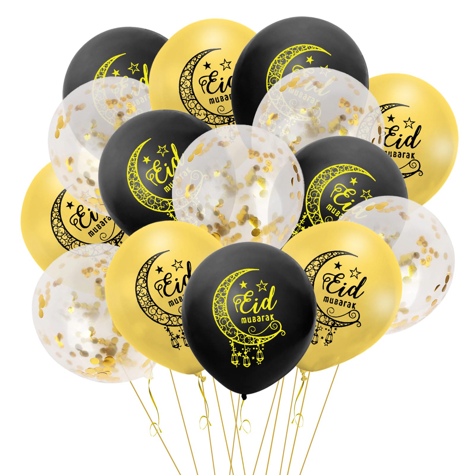 15Pcs Eid Mubarak Balloons, Eid Mubarak Decorations, Gold Black Confetti Latex Balloons