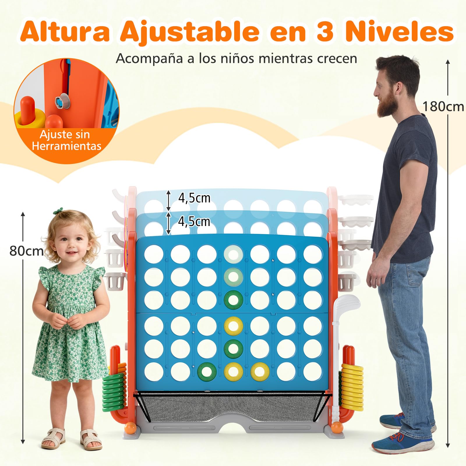 COSTWAY Juego Gigante 4 en Raya, 4 en 1 Juego de Conecta 4 Gigante con Lanzamiento de Aros, Aro de Baloncesto, Palo de Golf, Portavasos y Bolsa de Almacenamiento, 4 Alturas Ajustables (Azul)