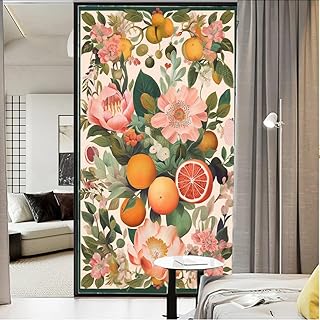 Orange Blossoms Window Privacy Film Fruit Flowers Impressionism Stained Glass Window Film Decorative Window Cling for Home Window&Glass Door, Sun Blocking 23.6Wx35.4L