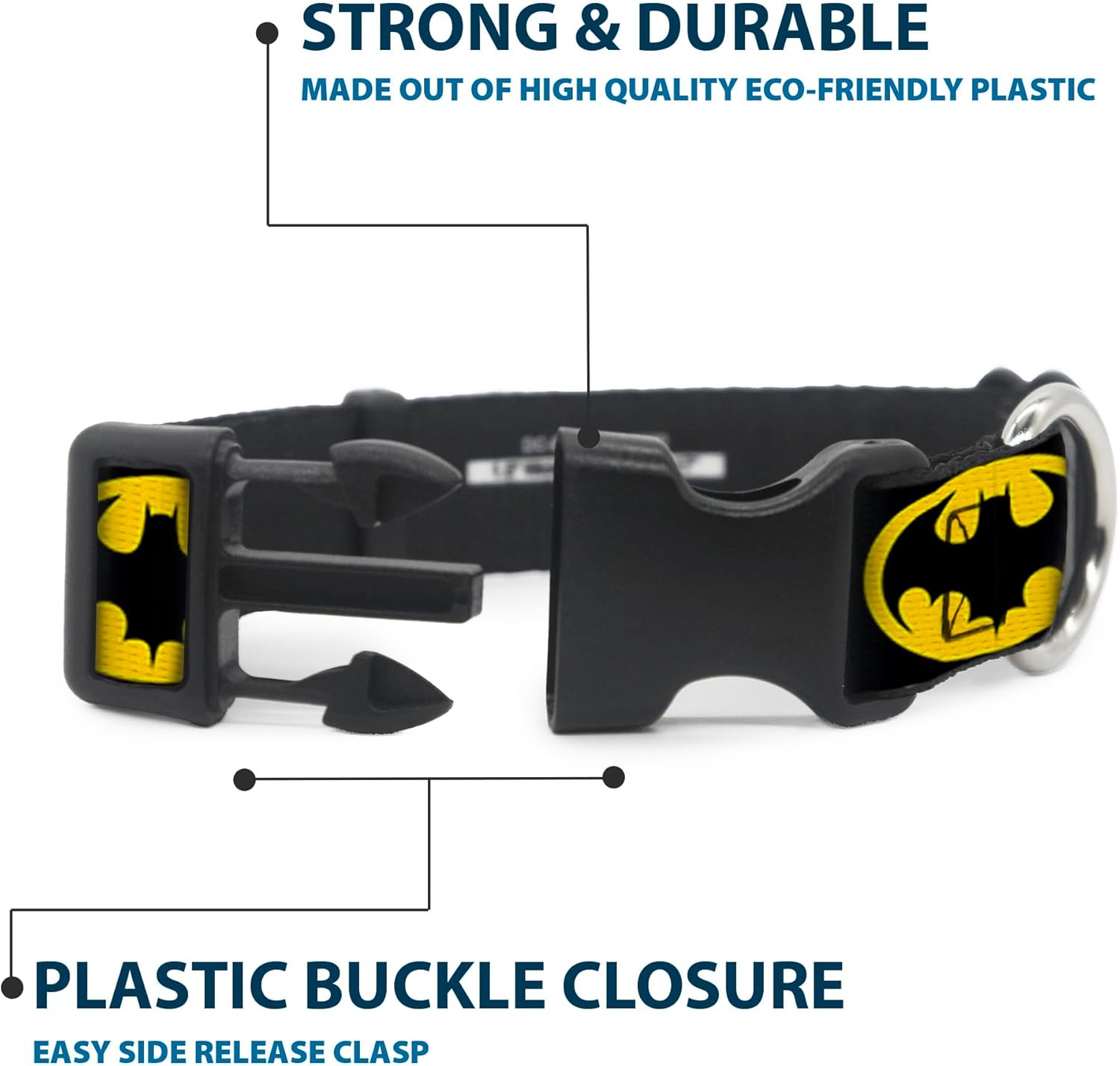DC Comics Dog Collar with Plastic Buckle, Quick Release, Easy Adjustable, Batman 1989 Logo Black Yellow, 16 to 23 Inches 1.5 Inch Wide