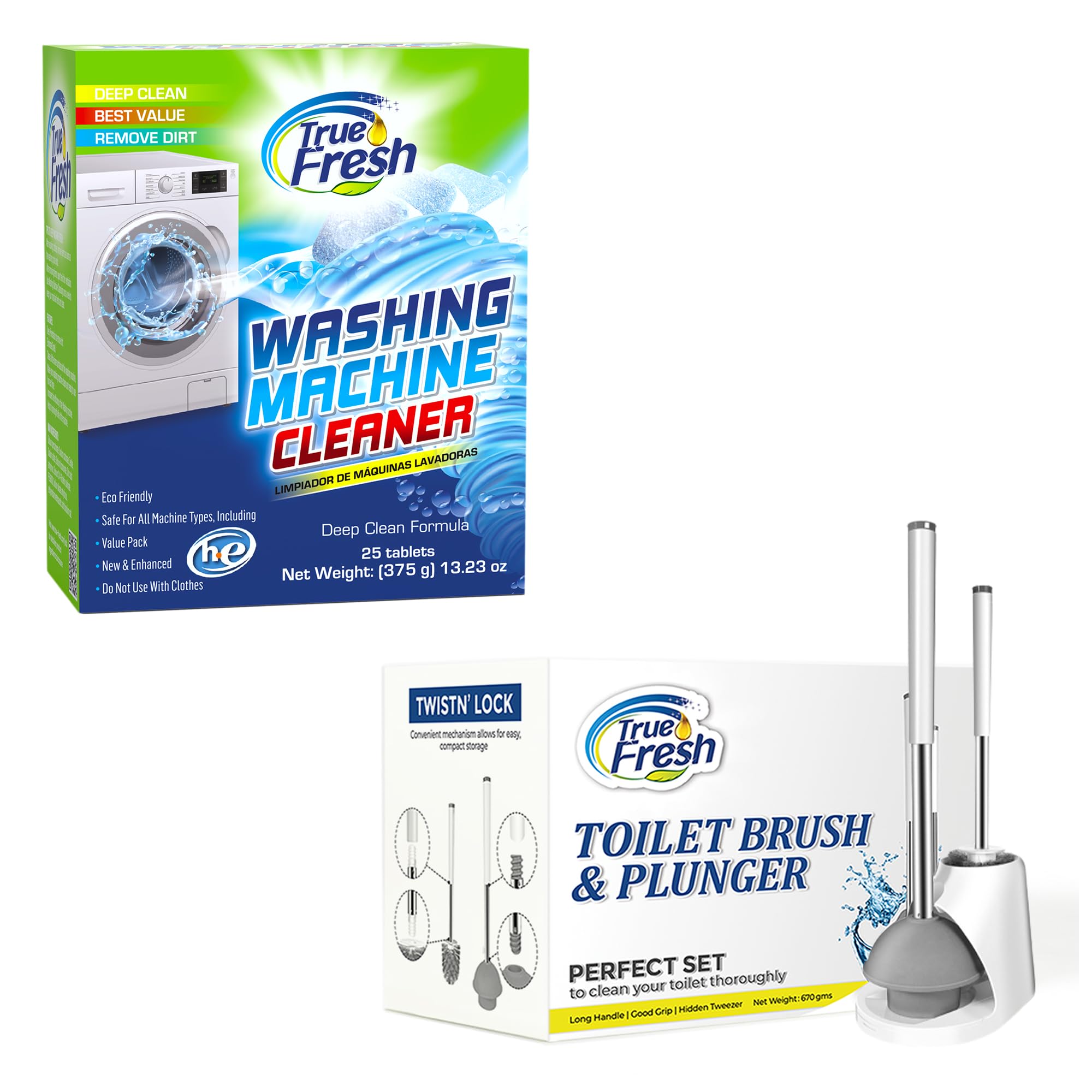 True Fresh15-Pack Washing Machine Cleaner Tablets (12-Month Supply) & 2-in-1 Toilet Brush & Plunger Set - Ultimate Deep Cleaning for a Fresh, Sparkling Home