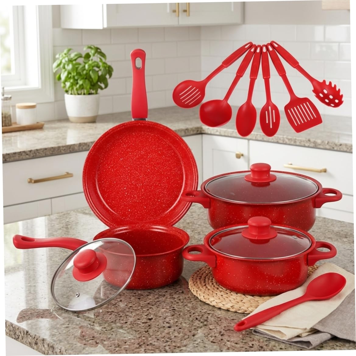 Set Di Pentole Antiaderenti, Set Di Pentole Antiaderenti Da 13 Pezzi, E Padelle Con Padella, Pentola Per Il Latte E Utensili Per La Cucina Casalinga, Rosso..