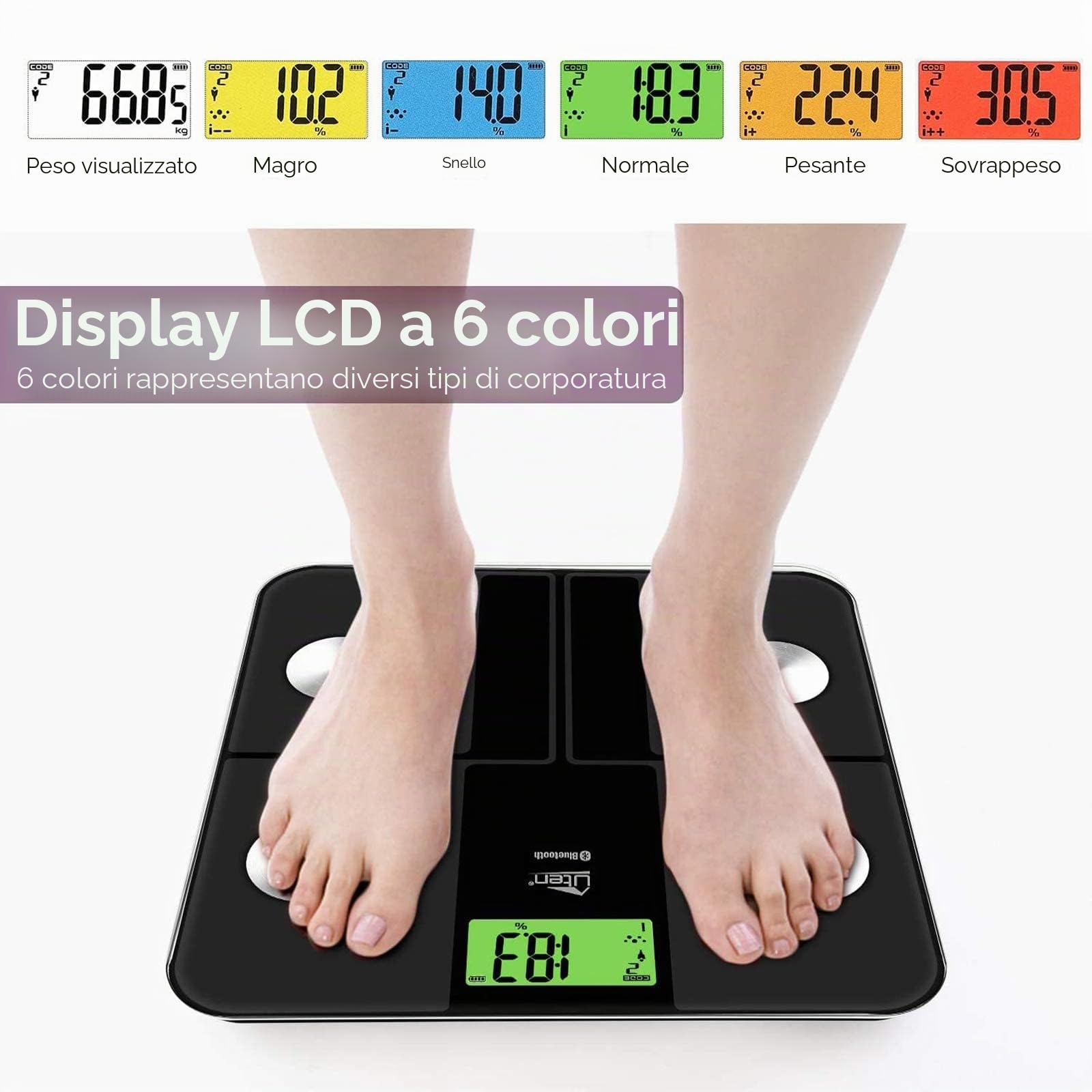 Uten Ricarica USB Bilancia Digitale, Bluetooth Pesapersone Bilancia Wireless Professionale Bilancia iOS Android per Dati Grasso Corporeo, Massa Muscolare, Metabolismo Basale, Massa Ossea