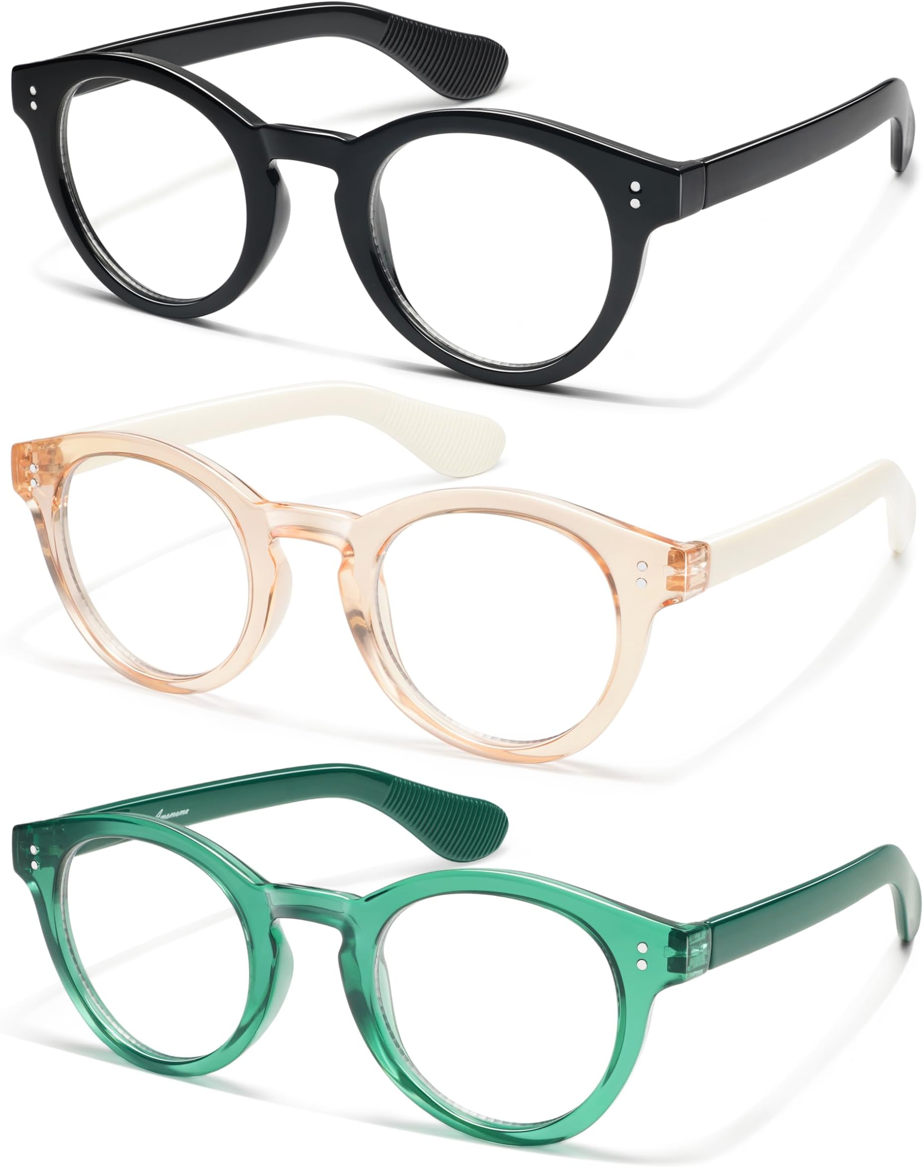 AMOMOMA 3 Pack Classic Round Reading Glasses for Women Men,Retro Blue Light Computer Reader Frame AM6142Carbonfree Certified