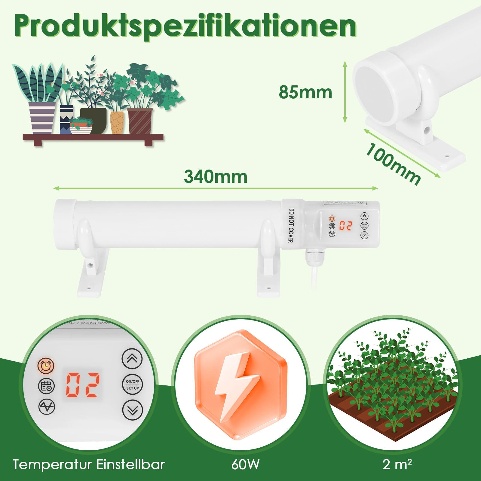 Riscaldamento per serra, 60 W, con timer, 34 cm, protezione antigelo per