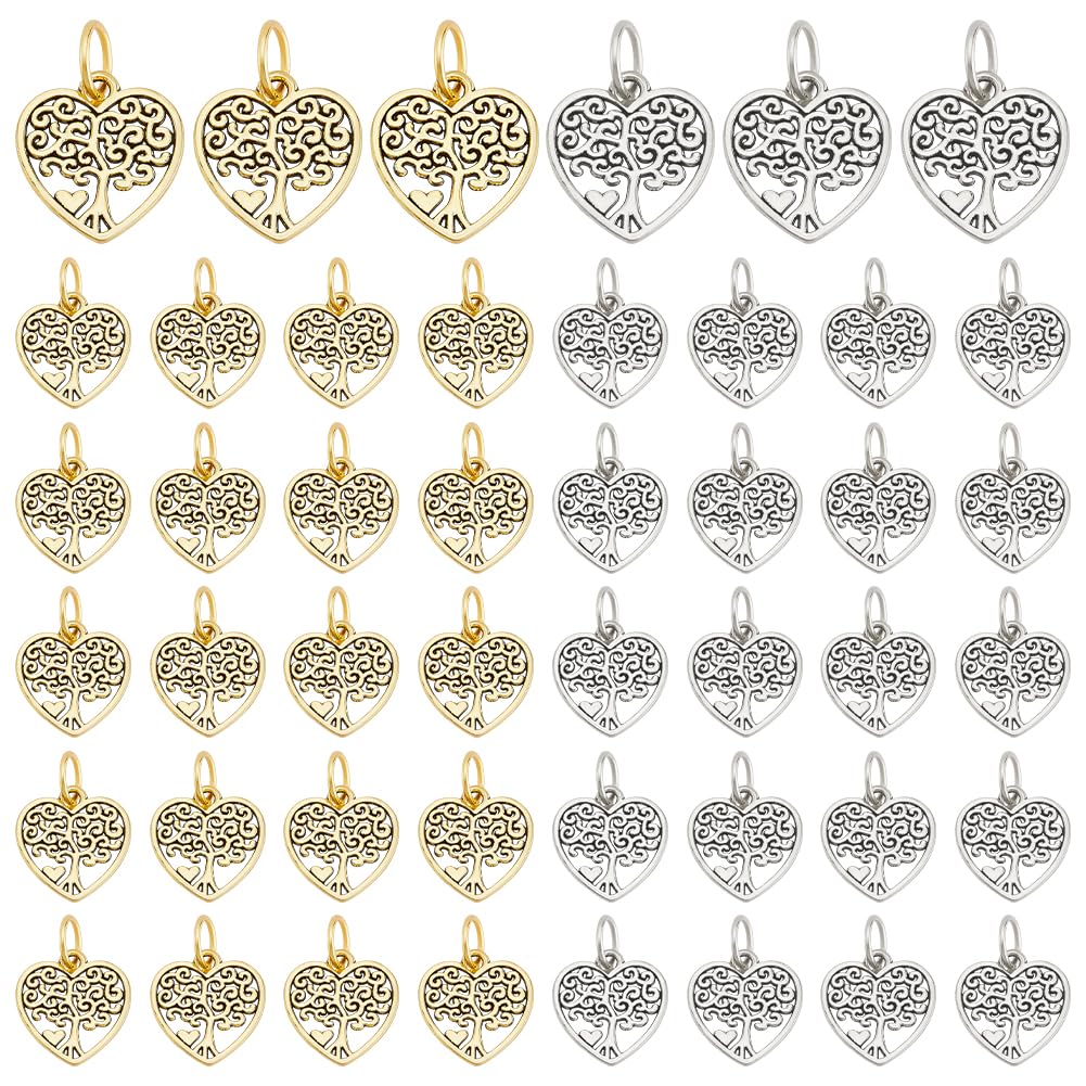PH PandaHall 60pcs Tree of Life Heart Charms Pendants 2 Color Tibetan Hollow Tree Charm Metal Alloy Craft Charms Bulk for DIY Necklace Earring Jewellery Making, 18.5x17mm, Antique Golden and Silver