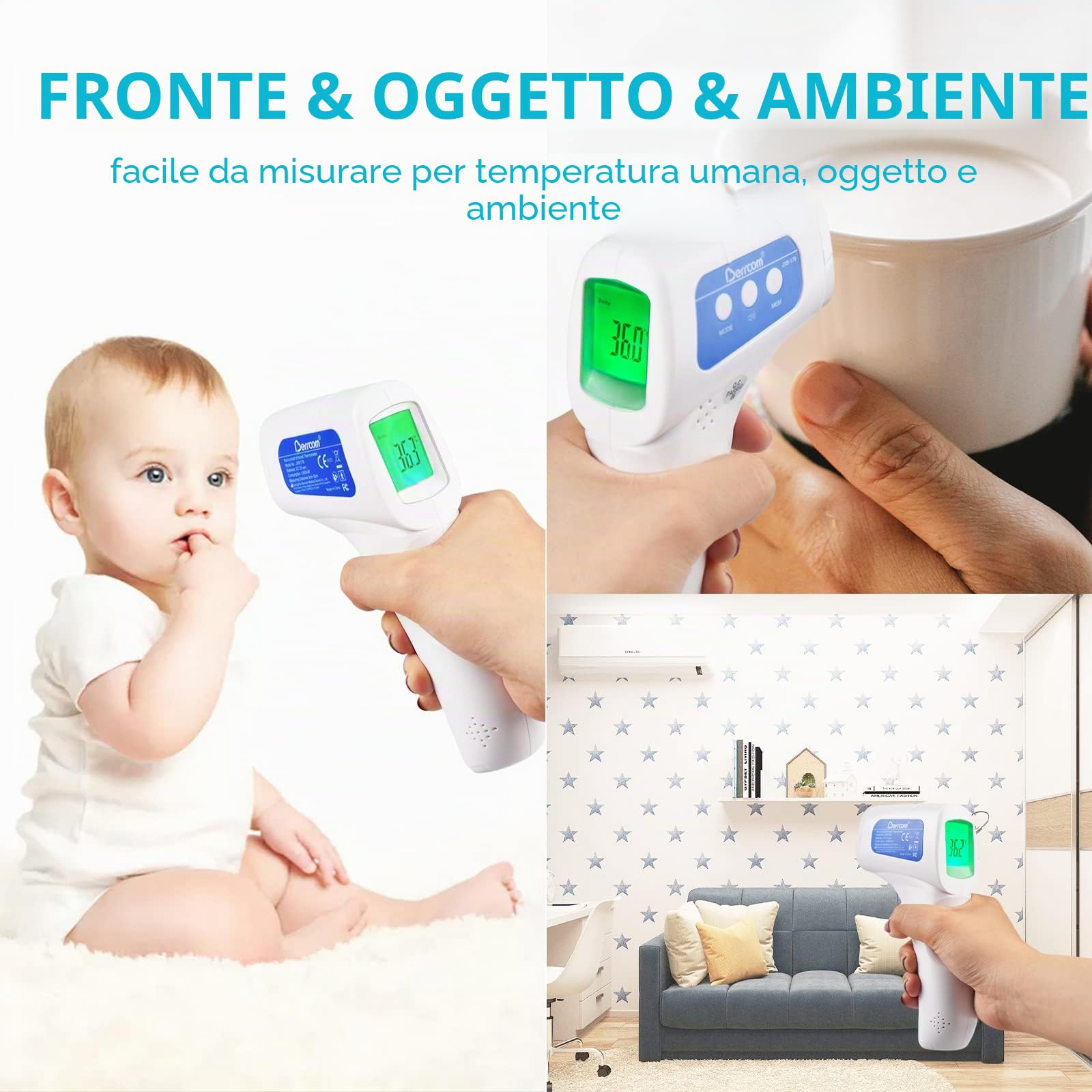 Berrcom Termometro Febbre Termometro Neonato Termometro Frontale a Infrarossi Senza Contatto Termometro Digitale per la Fronte con Allarme Febbre, Interruttore °C/℉