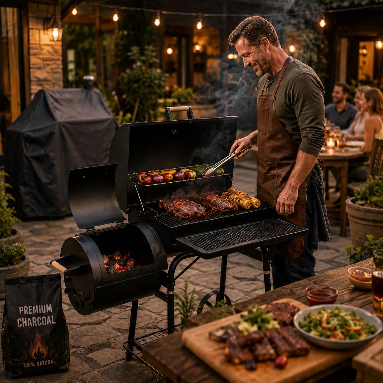 30 Kg Smoker Grill mit Abdeckhaube XL BBQ Smoker GRILLWAGEN Holzkohle Grillkamin Standgrill Räucherofen Zubehör Holzkohlegrill Schwarz Räuchergrill mit Thermometer & Rädern Deckelthermometer