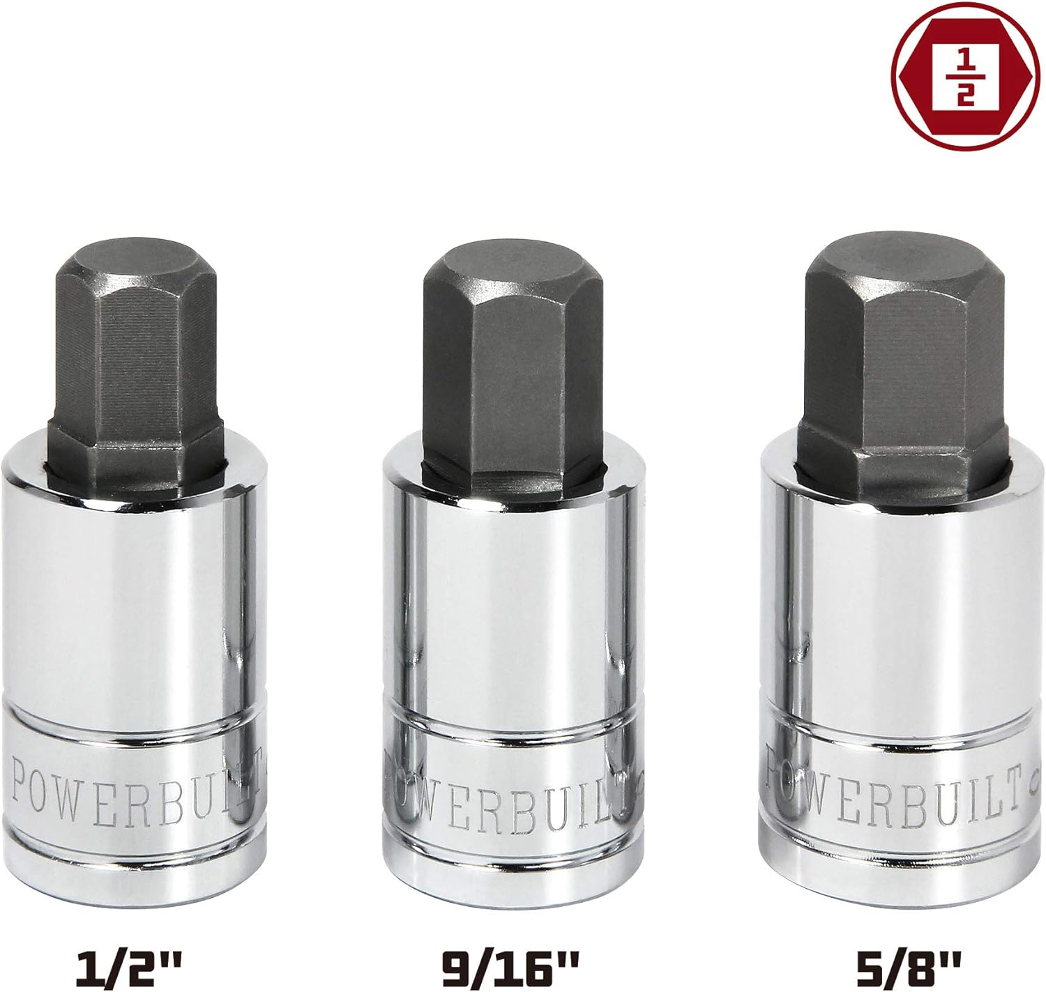 Powerbuilt 3 Piece 1/2-Inch Drive SAE Hex Bit Socket Set – 1/2", 9/16", 5/8" – S2 Steel Bits & Chrome Vanadium Sockets with Storage Rail – Corrosion Resistant, Precision Machined – 641863