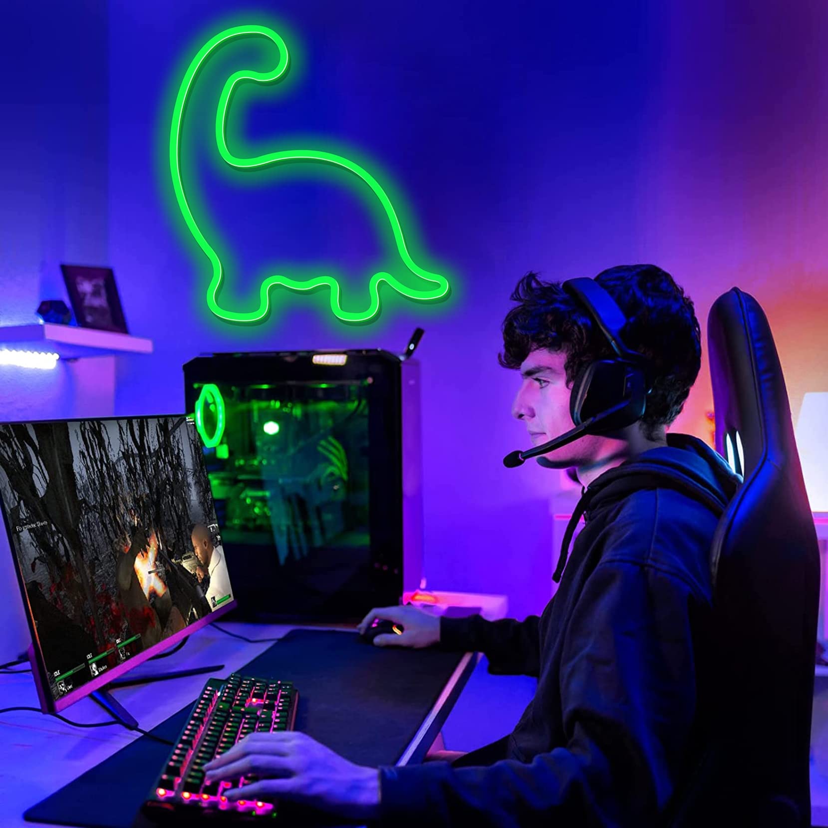 Carino Dinosauro a LED Neon Luce per Bambini Regali di Dinosauro Neon segni alimentati per Bambini per Bambini Decorazioni da Parete,Verde