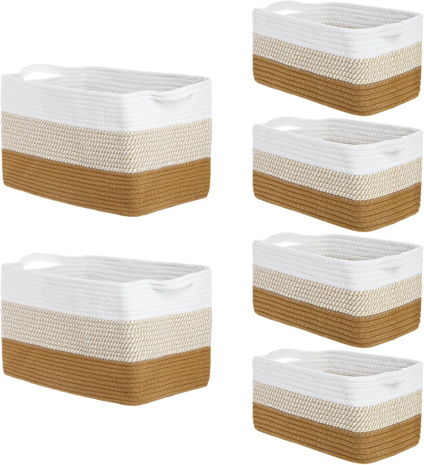 Sawysine Woven Baskets for Storage, 6 Pack Cotton Rope Organizer Bins, 2 Sizes Large 15 x 11 x 10 in and Small 12 x 8 x 6 in, Shelf Basket for Toys, Towels, Clothes, Blankets, Laundry, Nursery