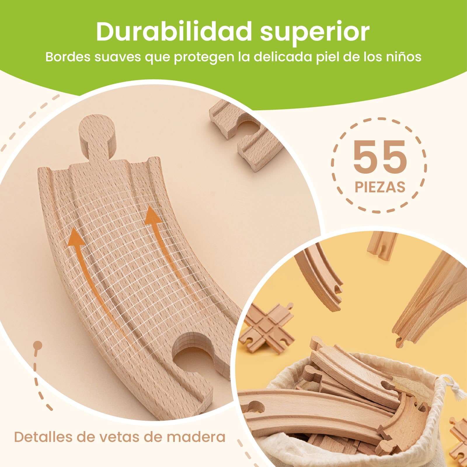 Tiny Land Juego de Trenes de Grúa, 55 Piezas, Pistas de Madera y Grúa Exclusiva y Trenes, Compatible con Otras Marcas líderes, Kit de Ferrocarril de Juguete Empaquetado de Regalo
