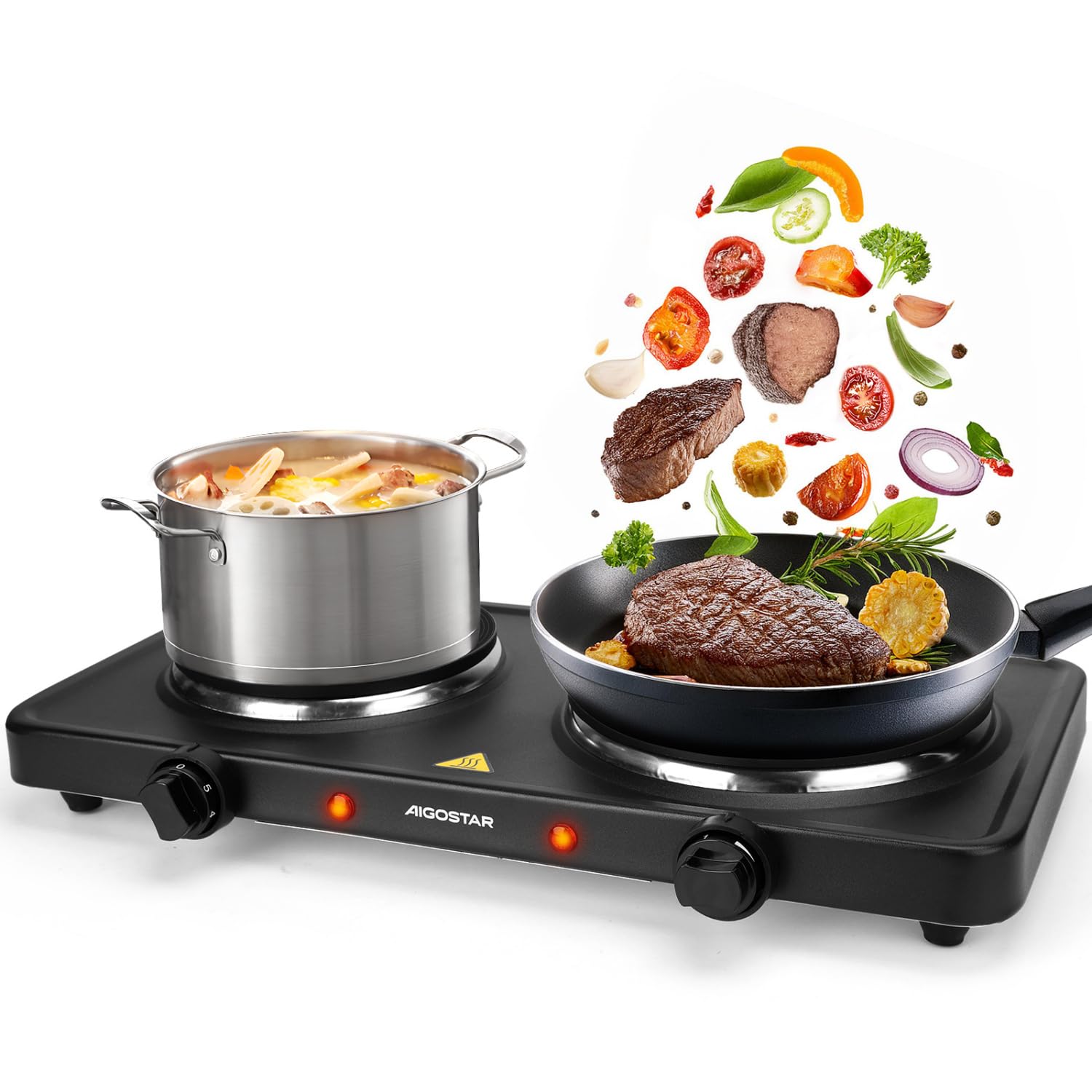 Aigostar Hornillo Electrico de 2500W, Cocina Electrica Portatil, con 2 Quemadores de 185mm y 155mm de Diámetro, Termostato Ajustable de 5 Niveles, Almohadilla Antideslizante, Adecuada Para Acampar