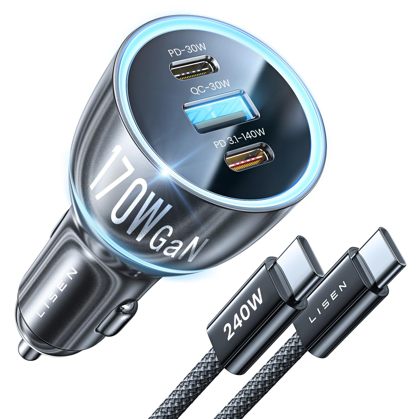 LISEN 170W Car Charger USB C Fast Charge [GaN]PD3.1 140W 3 Port Super Fast Charging Car Charger Laptop for Macbook iPad Pro Air Cigarette Lighter Adapter Car USB C Charger for iPhone 15 Pro with Cable